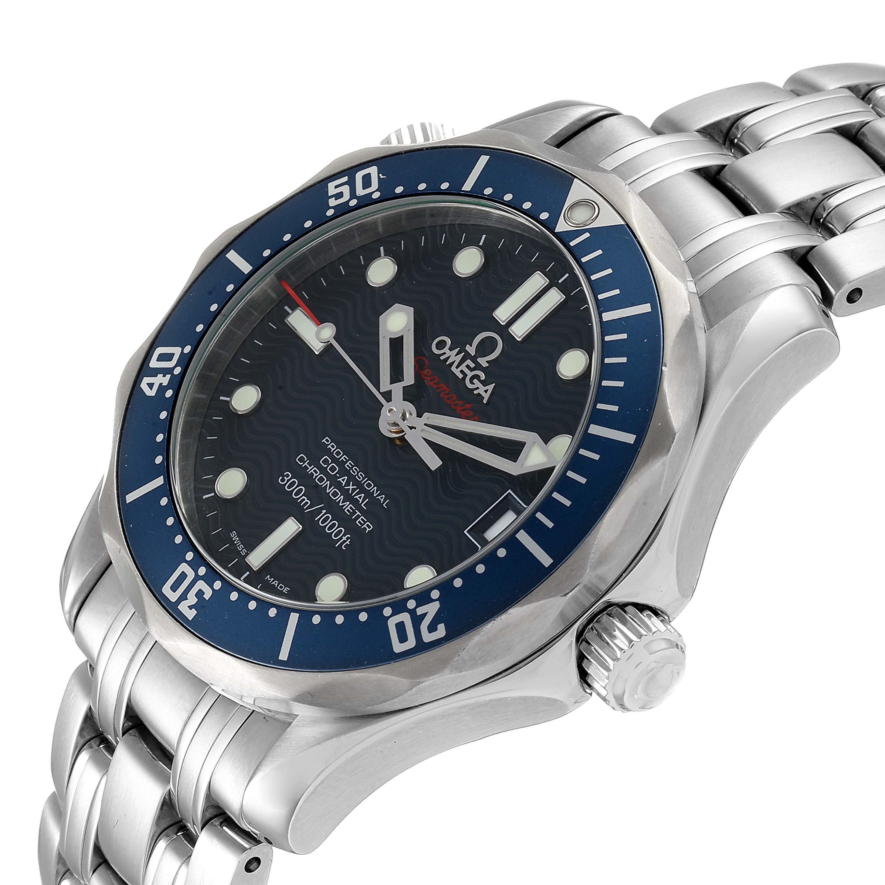 The image shows the front and side angles of an Omega Seamaster 2222.80.00 Men
s Stainless Steel Blue Dial 2222.80.00 Men
s Stainless Steel Blue Dial watch, featuring its dial, bezel, and bracelet.