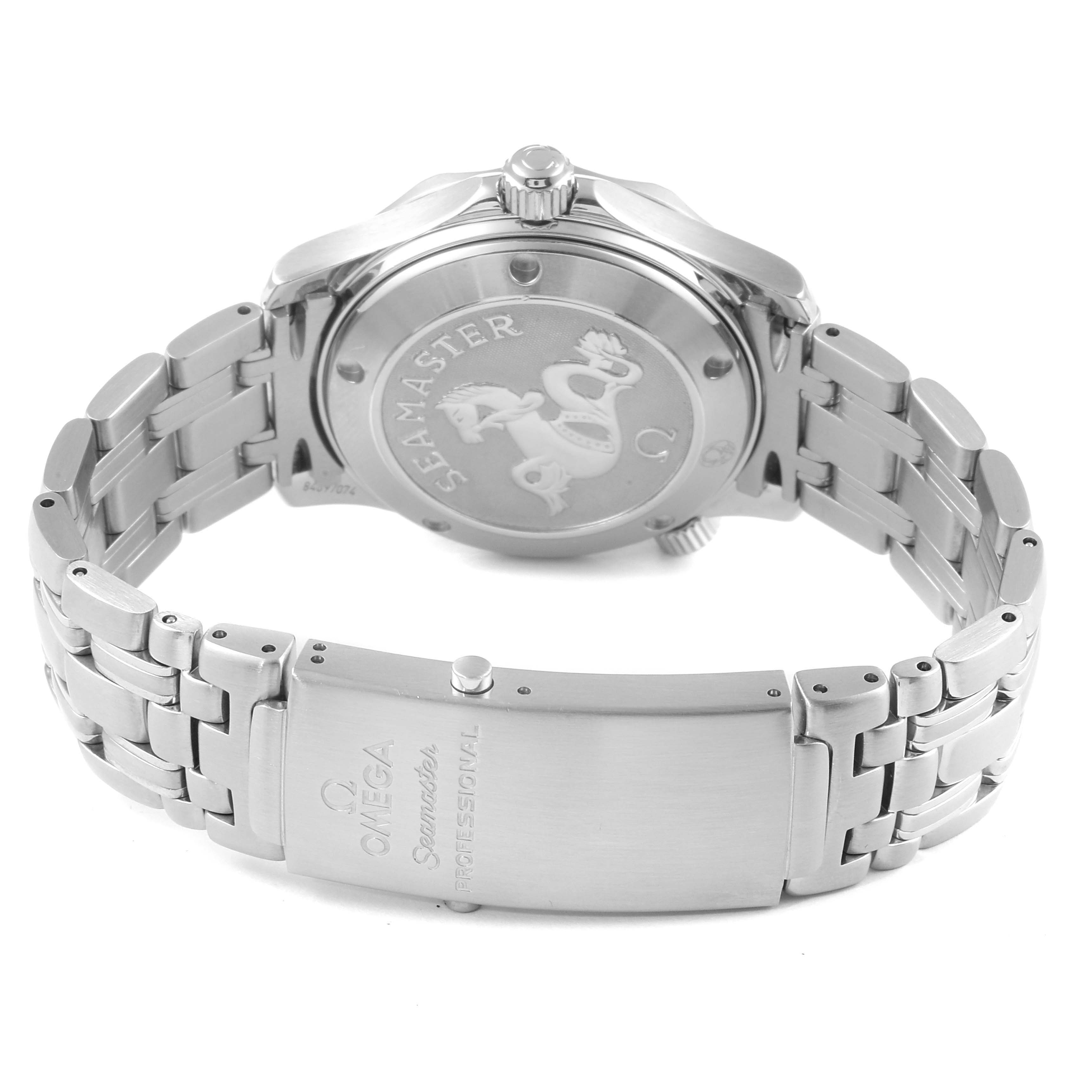 This image shows the back view of the Omega Seamaster 2222.80.00 Men
s Stainless Steel Blue Dial 2222.80.00 Men
s Stainless Steel Blue Dial watch, displaying the case back and metal bracelet clasp.