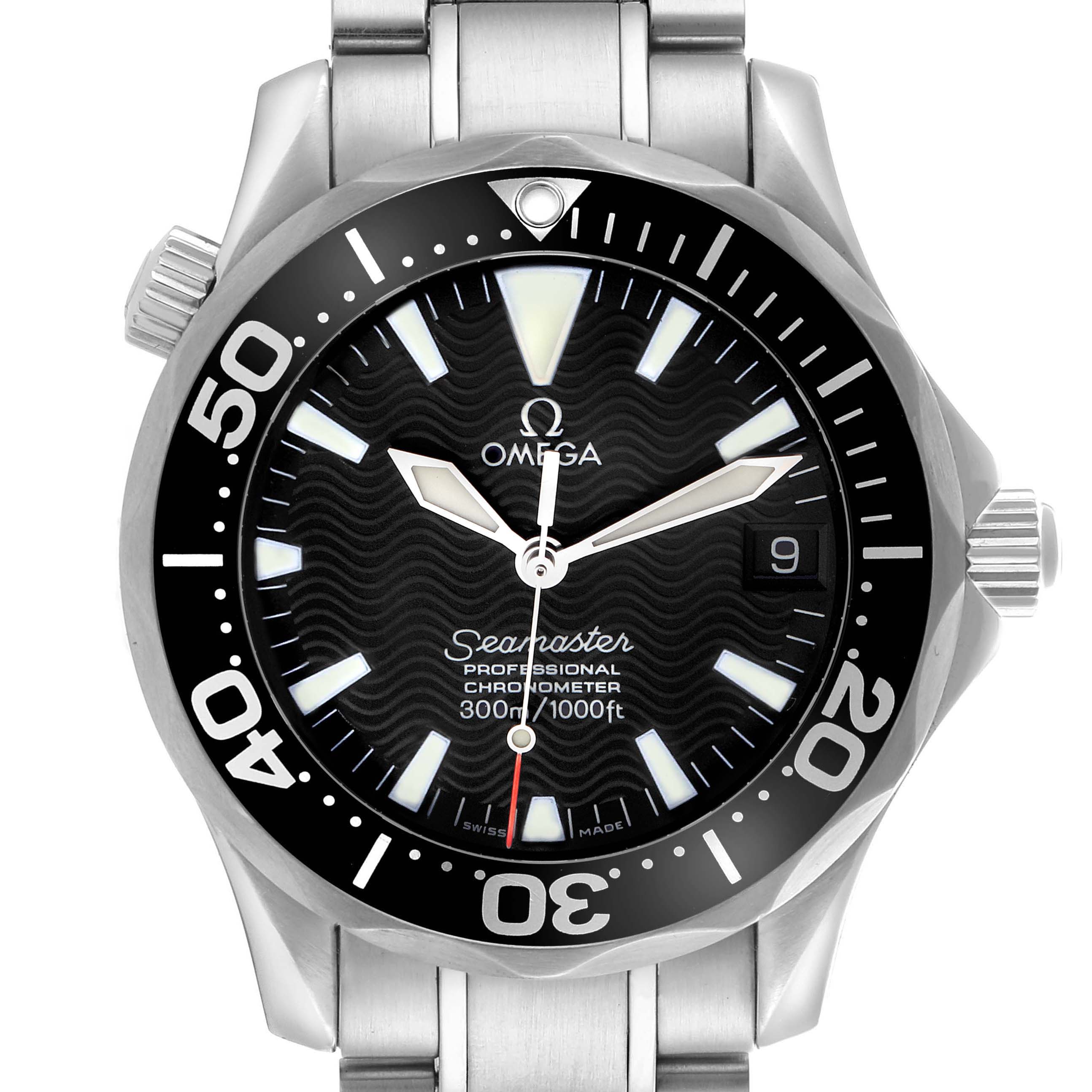 The image shows a front view of the Omega Seamaster 2252.50.00 Men
s Stainless Steel Black Dial 2252.50.00 Men
s Stainless Steel Black Dial watch, highlighting the dial, bezel, and part of the bracelet.