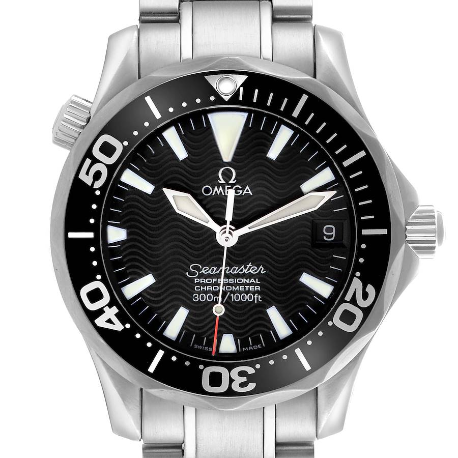 The image shows a front view of the Omega Seamaster watch, highlighting the dial, bezel, and part of the bracelet.