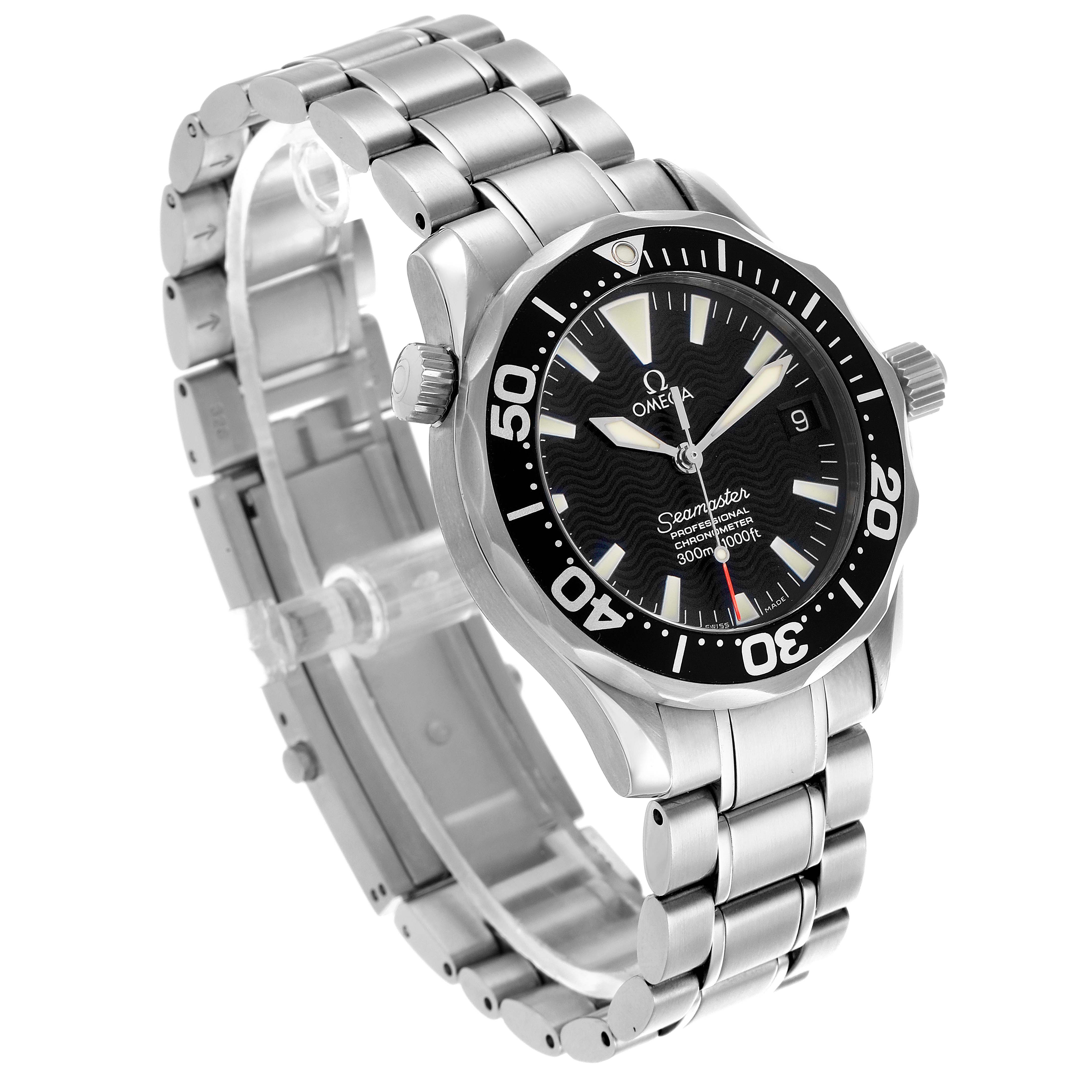 The Omega Seamaster 2252.50.00 Men
s Stainless Steel Black Dial 2252.50.00 Men
s Stainless Steel Black Dial watch is shown at a three-quarter angle, highlighting the face, bezel, and stainless steel bracelet.
