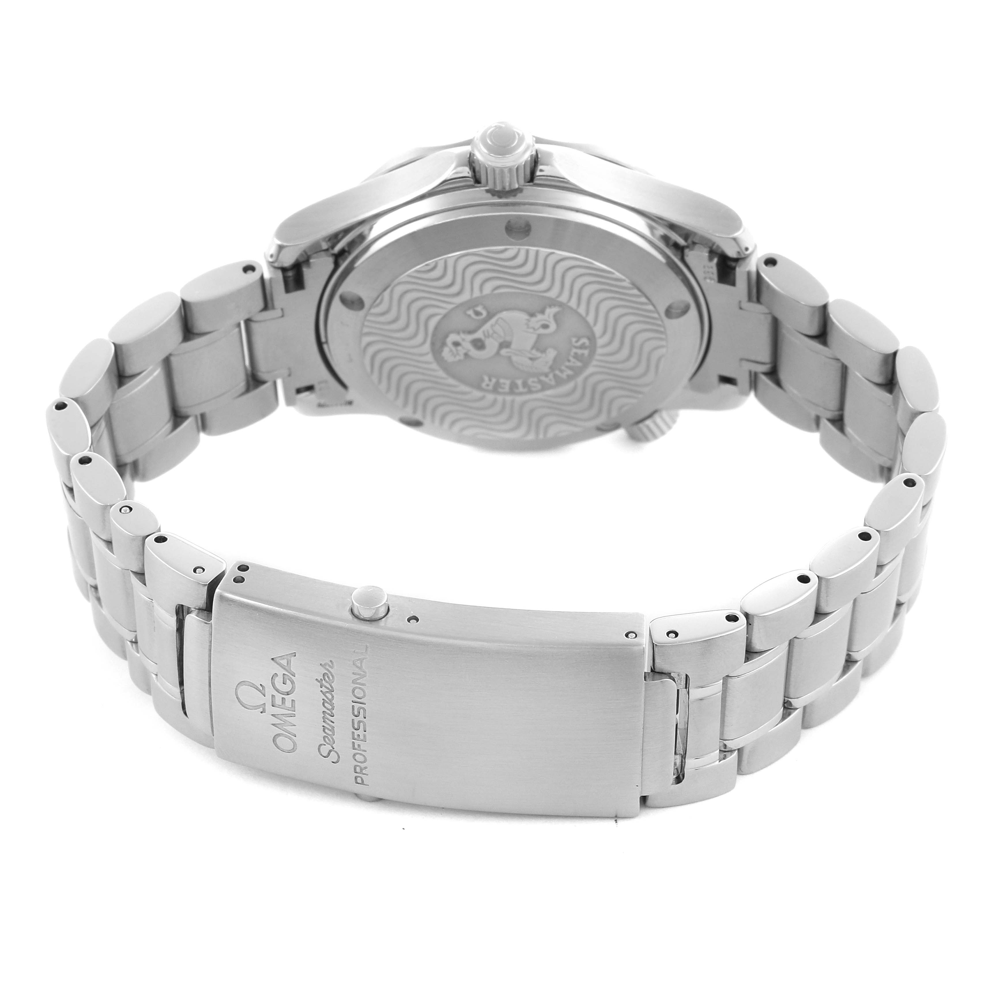 The Omega Seamaster 2252.50.00 Men
s Stainless Steel Black Dial 2252.50.00 Men
s Stainless Steel Black Dial watch is shown from the back, highlighting the clasp, bracelet, and case back with engravings.