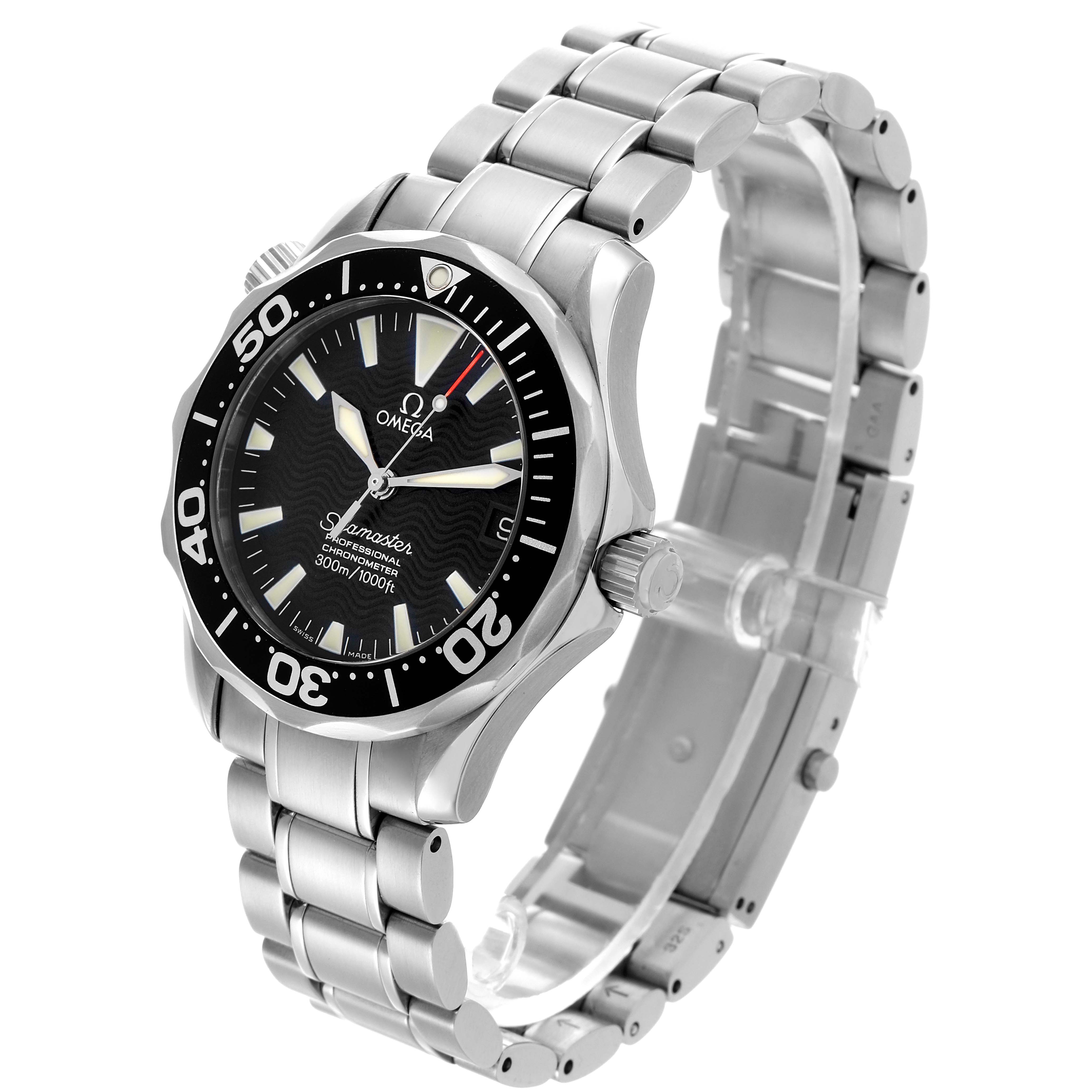The Omega Seamaster 2252.50.00 Men
s Stainless Steel Black Dial 2252.50.00 Men
s Stainless Steel Black Dial watch is shown at a three-quarter angle, displaying the face, bezel, and metal bracelet.