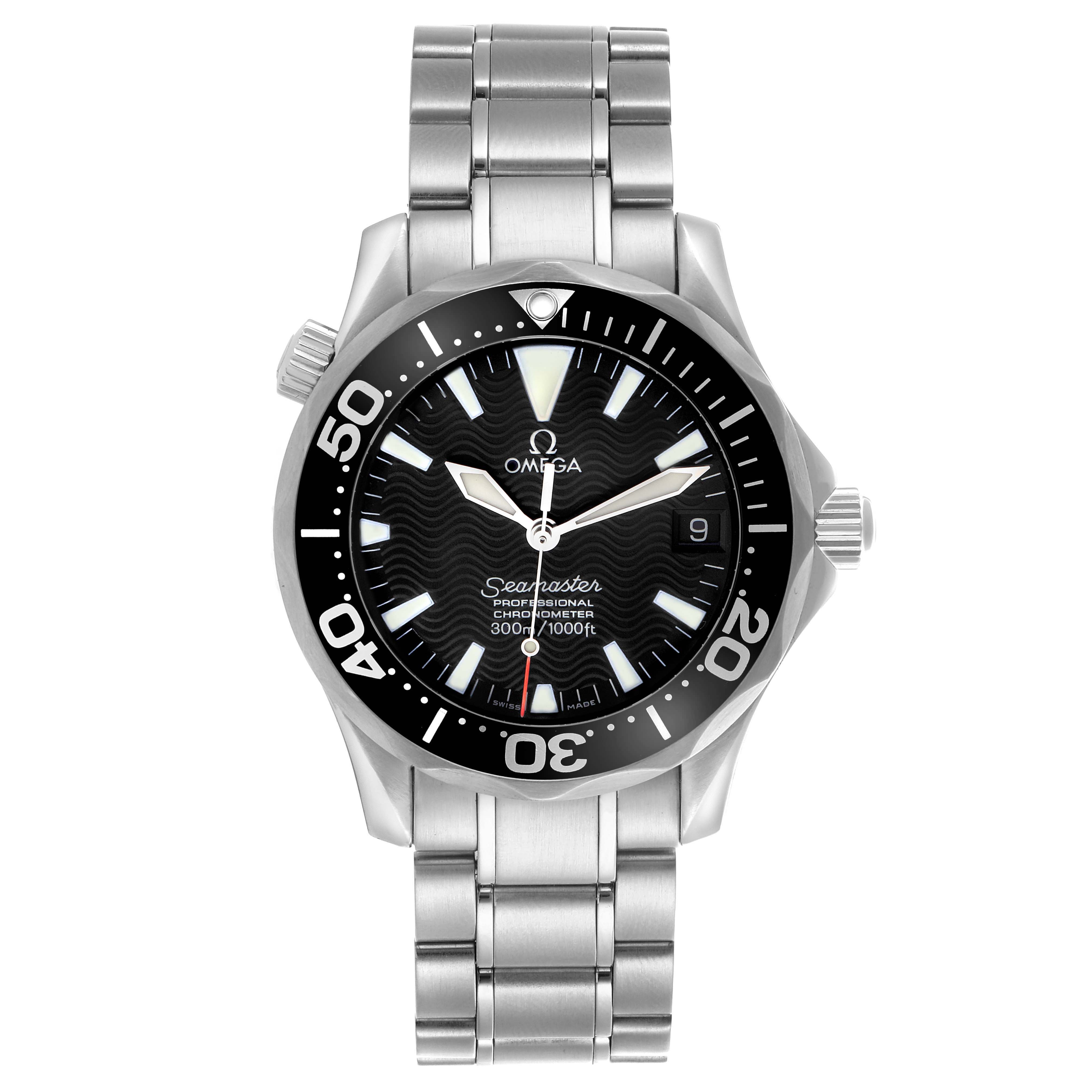 The Omega Seamaster 2252.50.00 Men
s Stainless Steel Black Dial 2252.50.00 Men
s Stainless Steel Black Dial watch is shown from a front angle, displaying the face, bezel, crown, and metal bracelet.