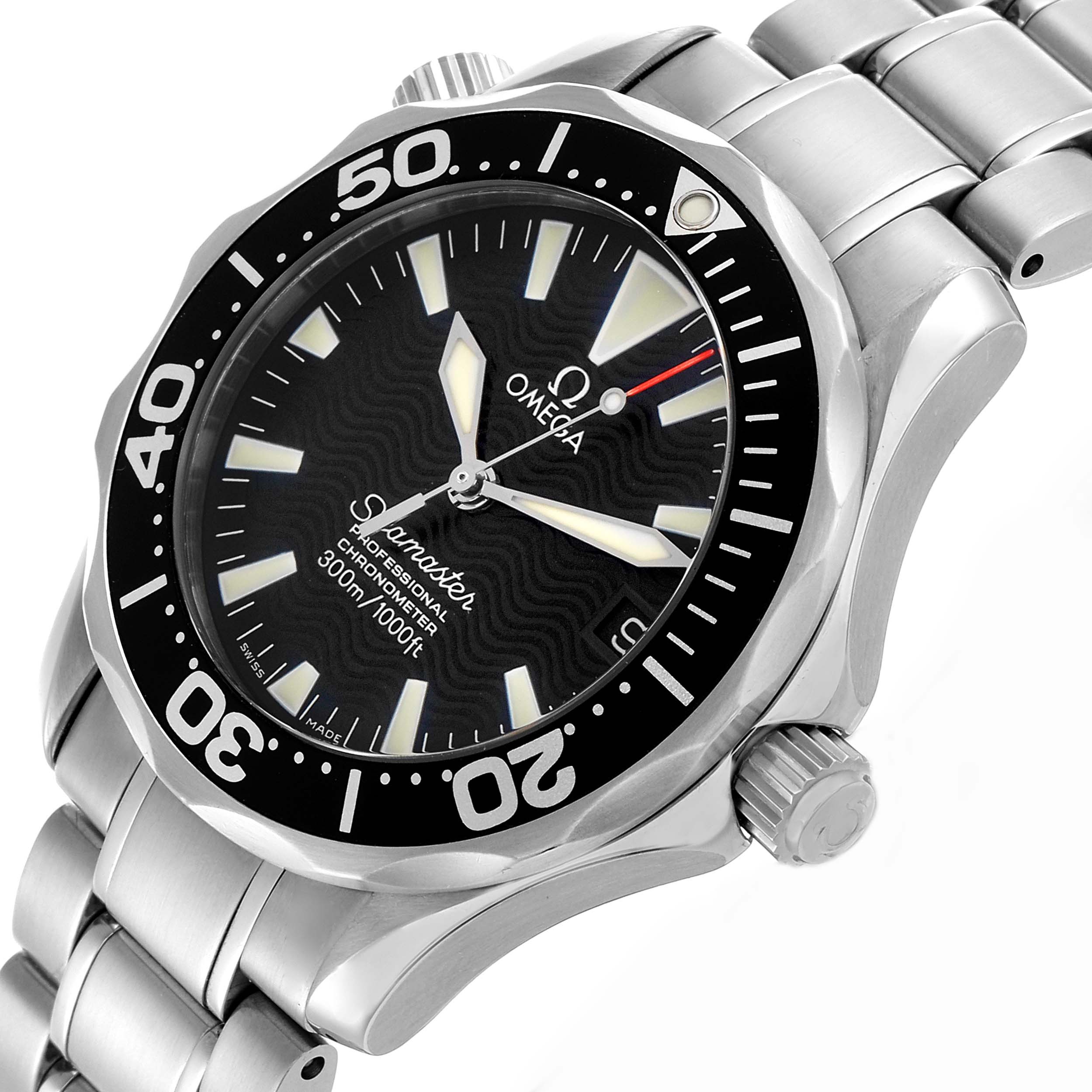 The image shows an angled view of the Omega Seamaster 2252.50.00 Men
s Stainless Steel Black Dial 2252.50.00 Men
s Stainless Steel Black Dial, highlighting the bezel, dial, crown, and part of the bracelet.