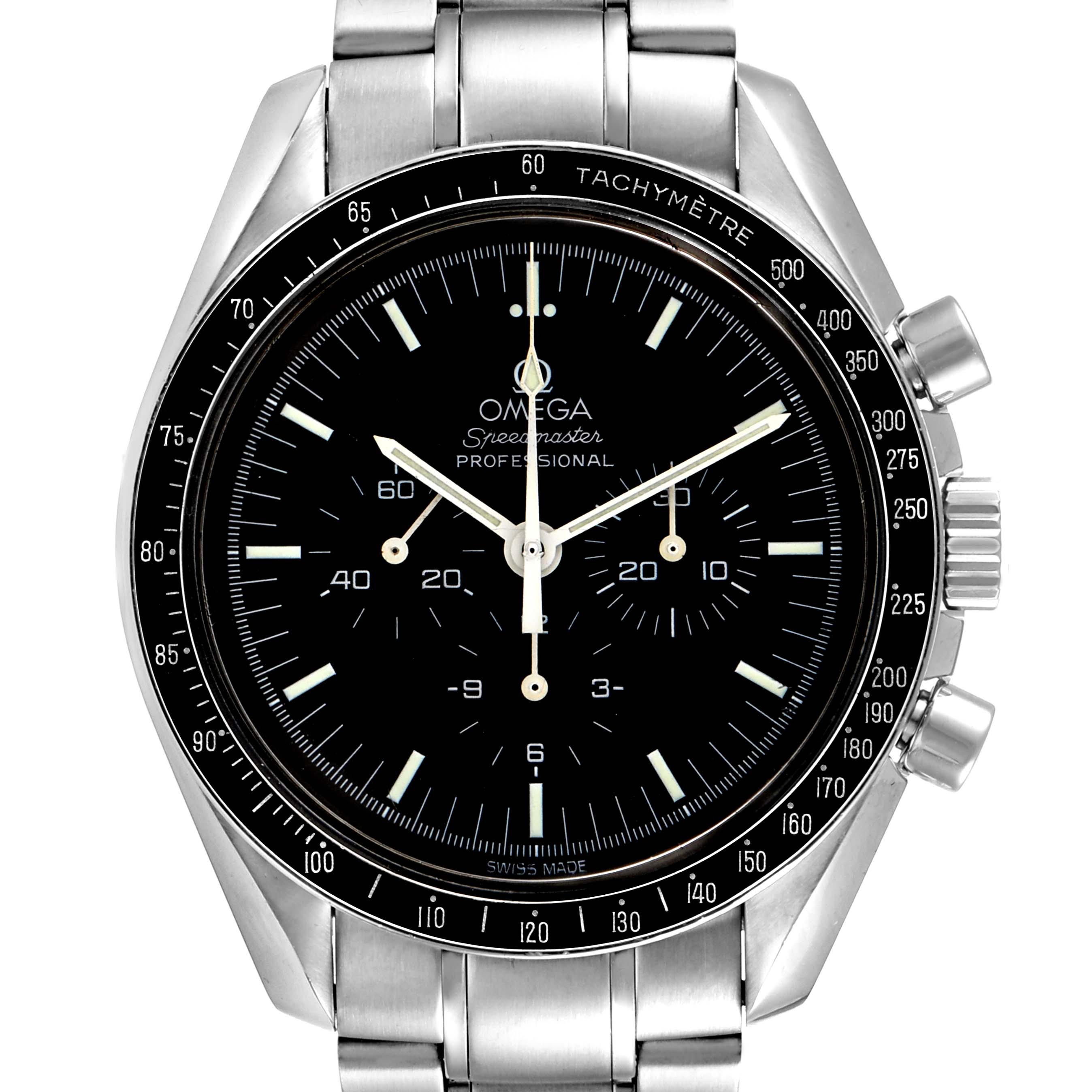 The image shows a front view of an Omega Speedmaster 3560.50.00 Men
s Stainless Steel Black Dial 3560.50.00 Men
s Stainless Steel Black Dial watch, displaying the face, bezel, case, and part of the bracelet.