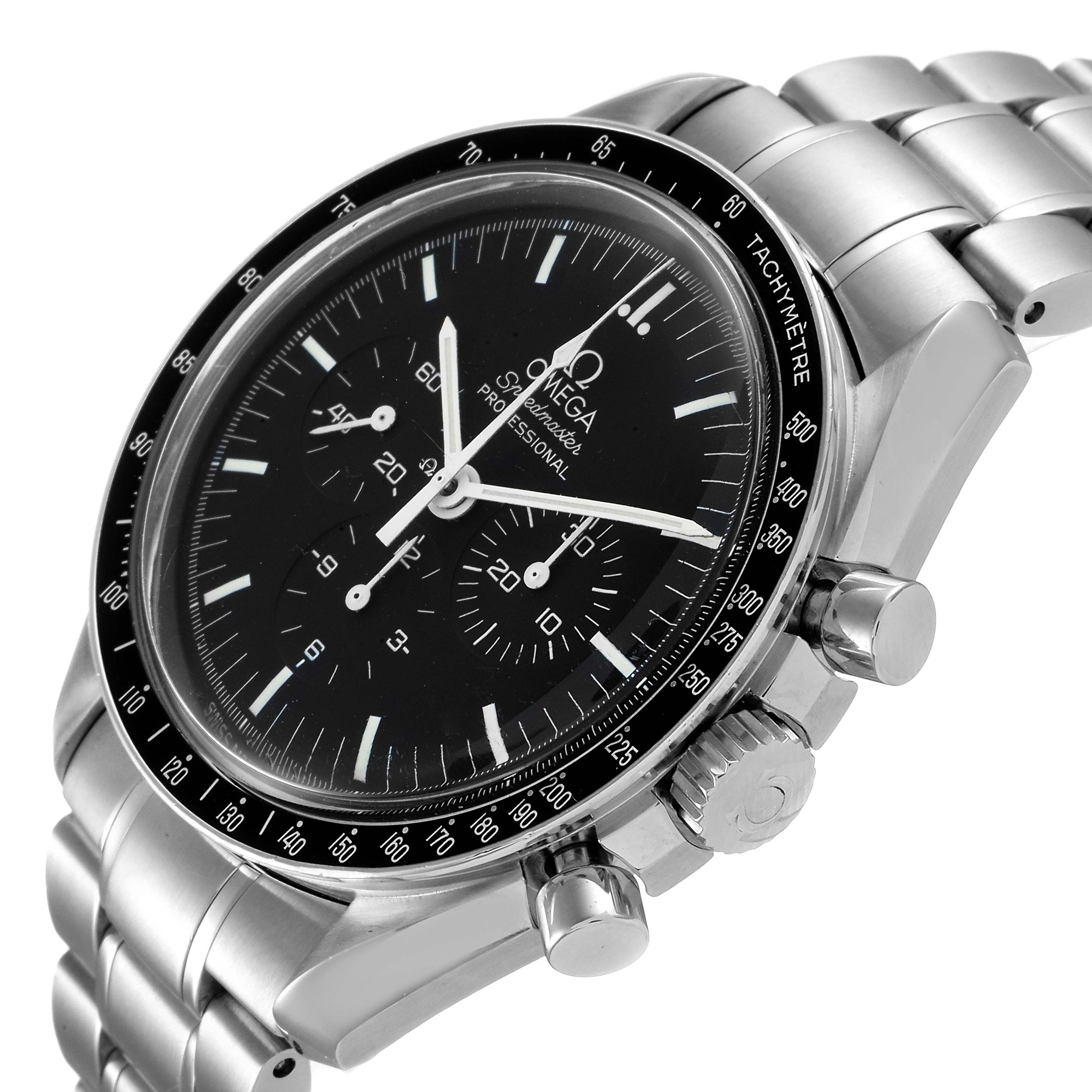 The Omega Speedmaster 3560.50.00 Men
s Stainless Steel Black Dial 3560.50.00 Men
s Stainless Steel Black Dial watch is shown at an angle revealing the face, bezel, crown, pushers, and part of the bracelet/strap.