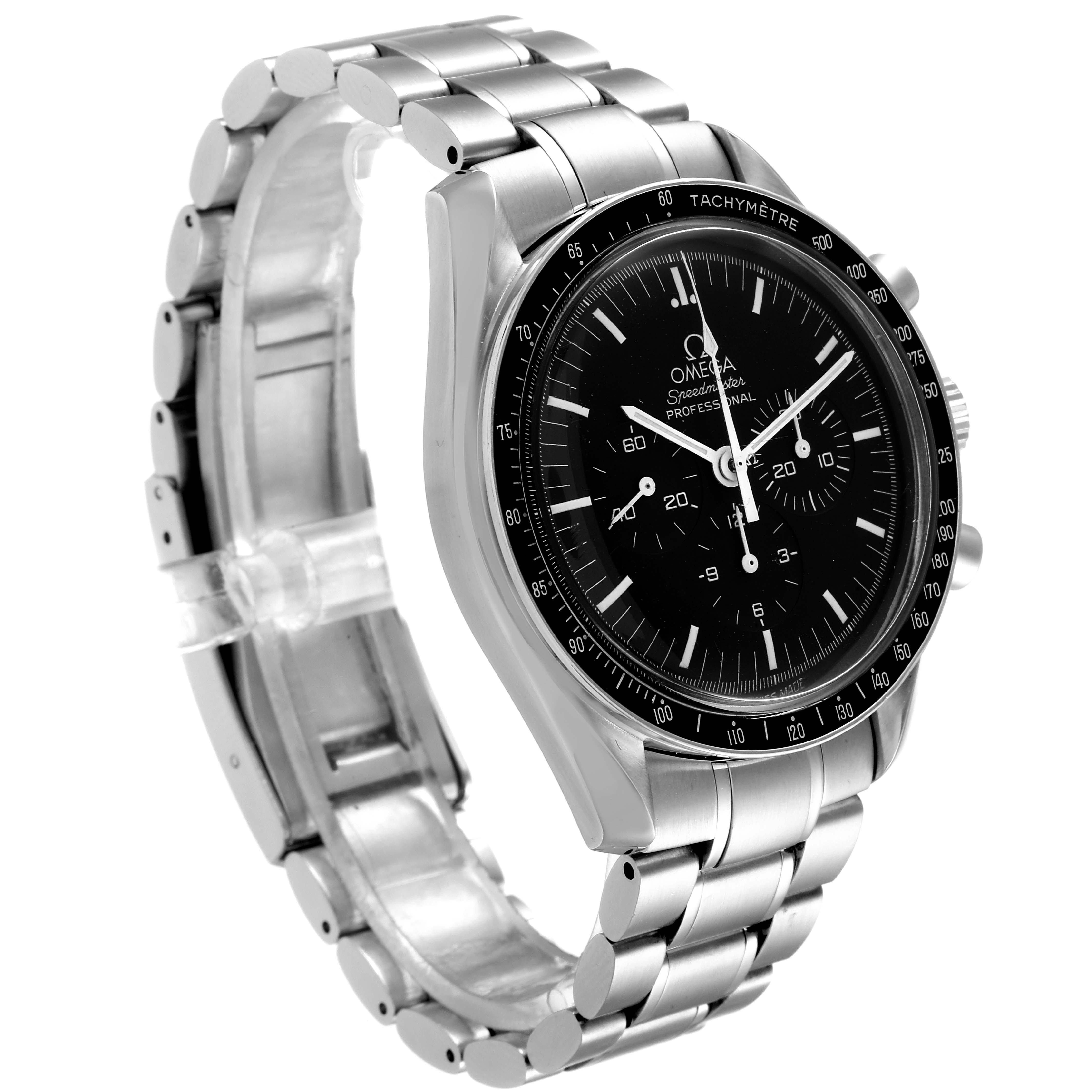 The image shows an Omega Speedmaster 3560.50.00 Men
s Stainless Steel Black Dial 3560.50.00 Men
s Stainless Steel Black Dial watch at a three-quarter angle, highlighting its black dial, tachymeter bezel, and metal bracelet.