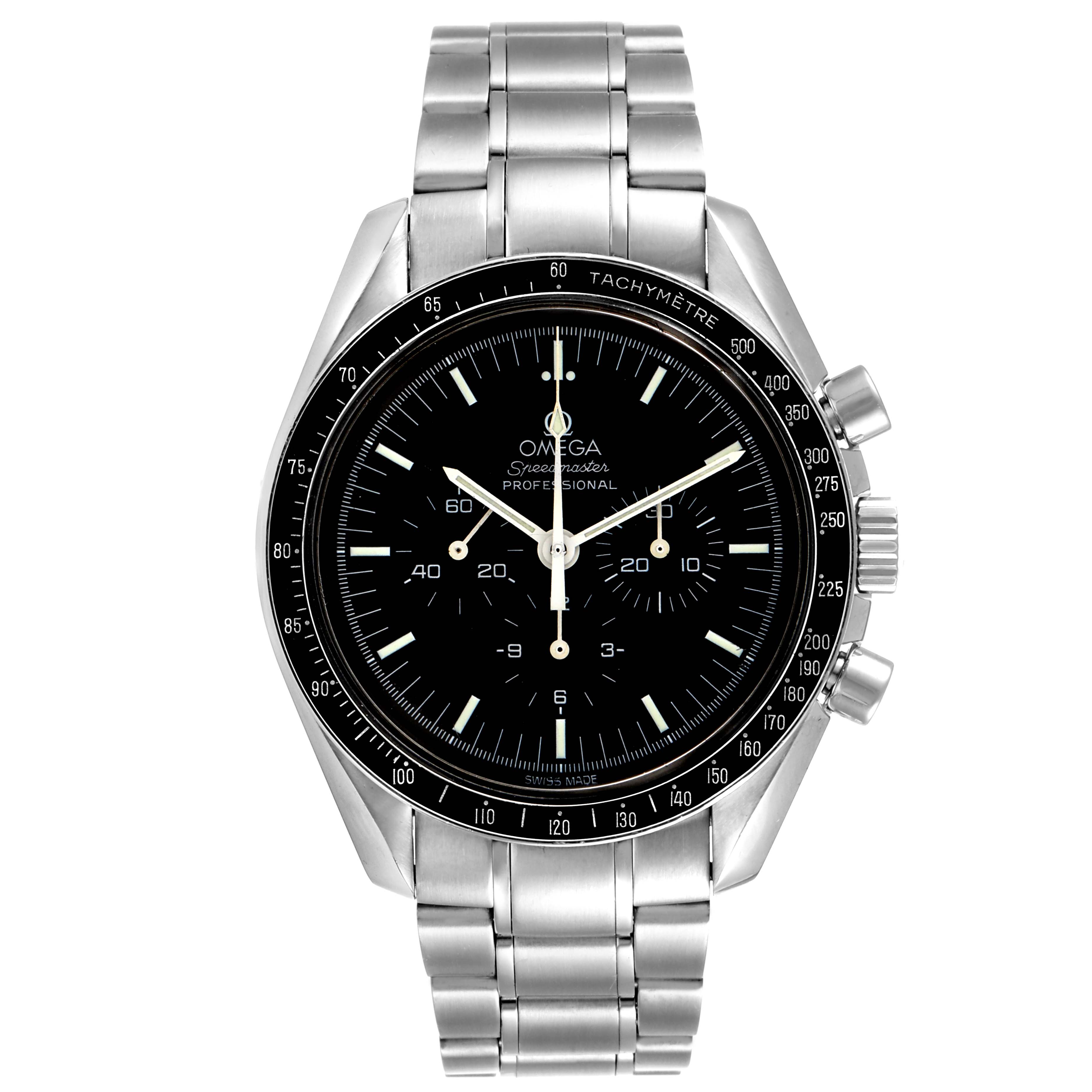 The Omega Speedmaster 3560.50.00 Men
s Stainless Steel Black Dial 3560.50.00 Men
s Stainless Steel Black Dial is shown from a frontal angle, displaying its face, bezel, and stainless steel bracelet.