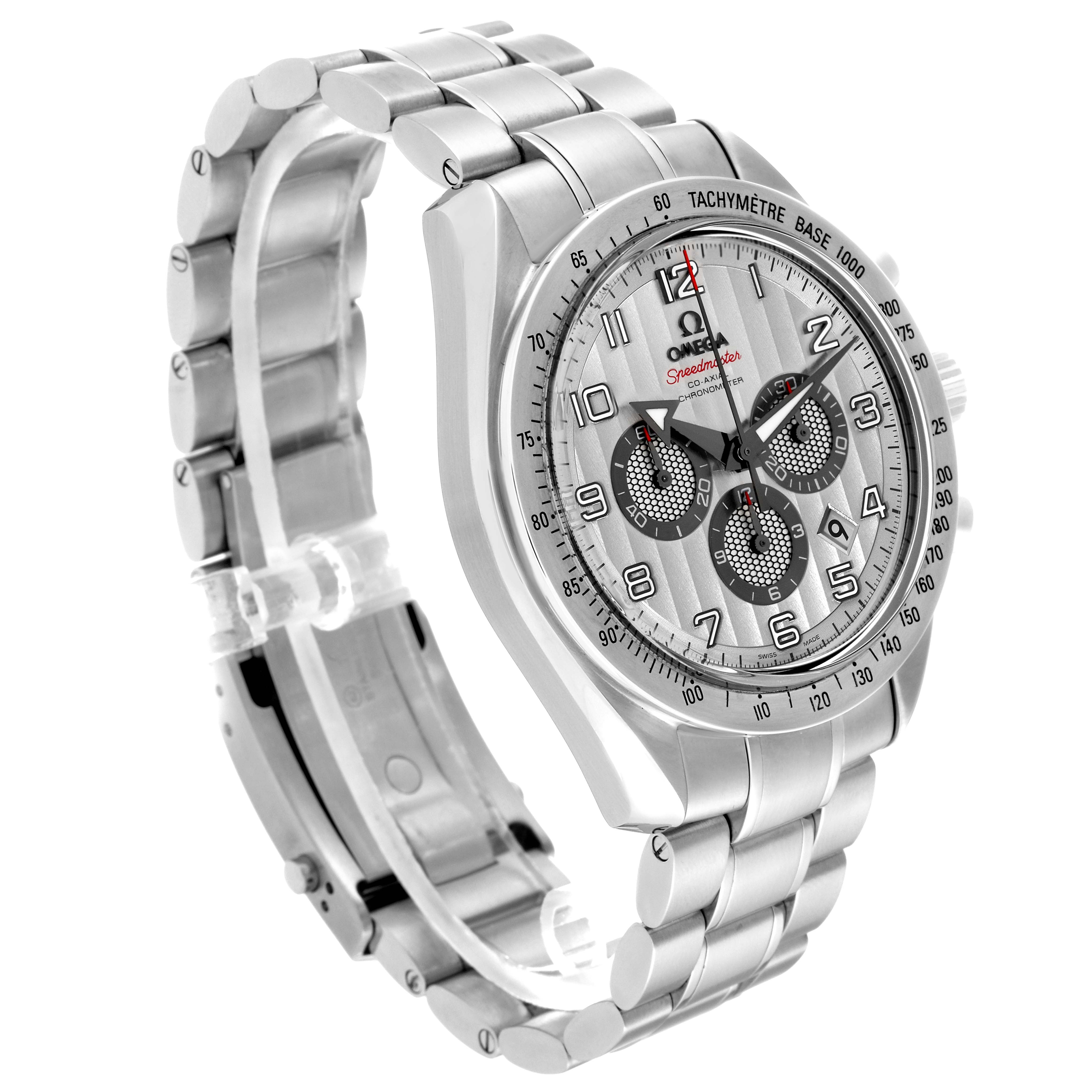 The Omega Speedmaster 321.10.44.50.02.001 Men
s Stainless Steel Silver Dial 321.10.44.50.02.001 Men
s Stainless Steel Silver Dial watch is shown at a 3/4 angle, highlighting the face, bezel, and metal bracelet.