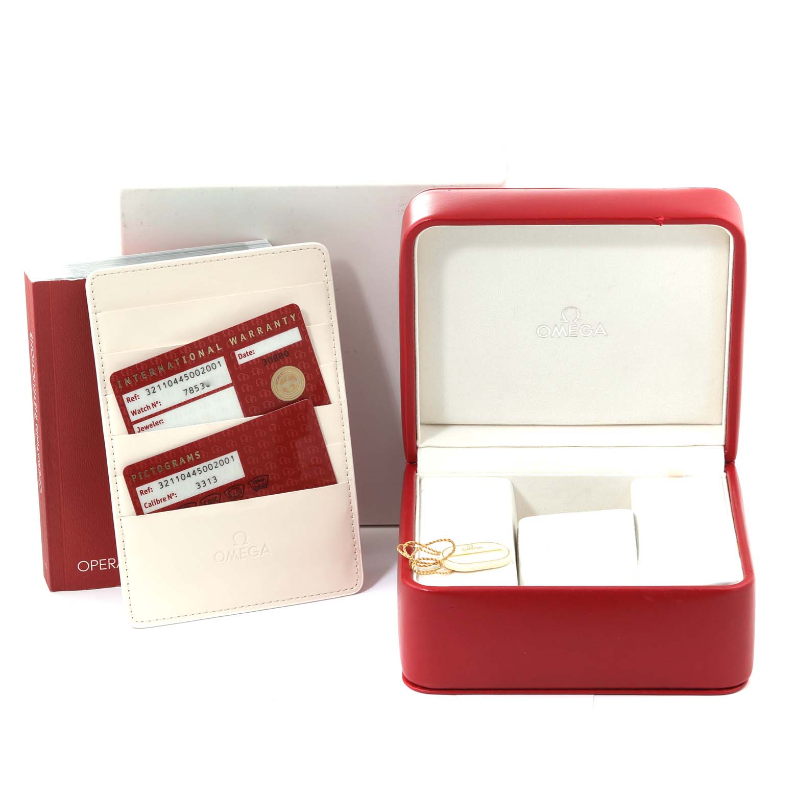 The image shows the packaging, warranty cards, and storage box for an Omega Speedmaster 321.10.44.50.02.001 Men
s Stainless Steel Silver Dial 321.10.44.50.02.001 Men
s Stainless Steel Silver Dial watch.