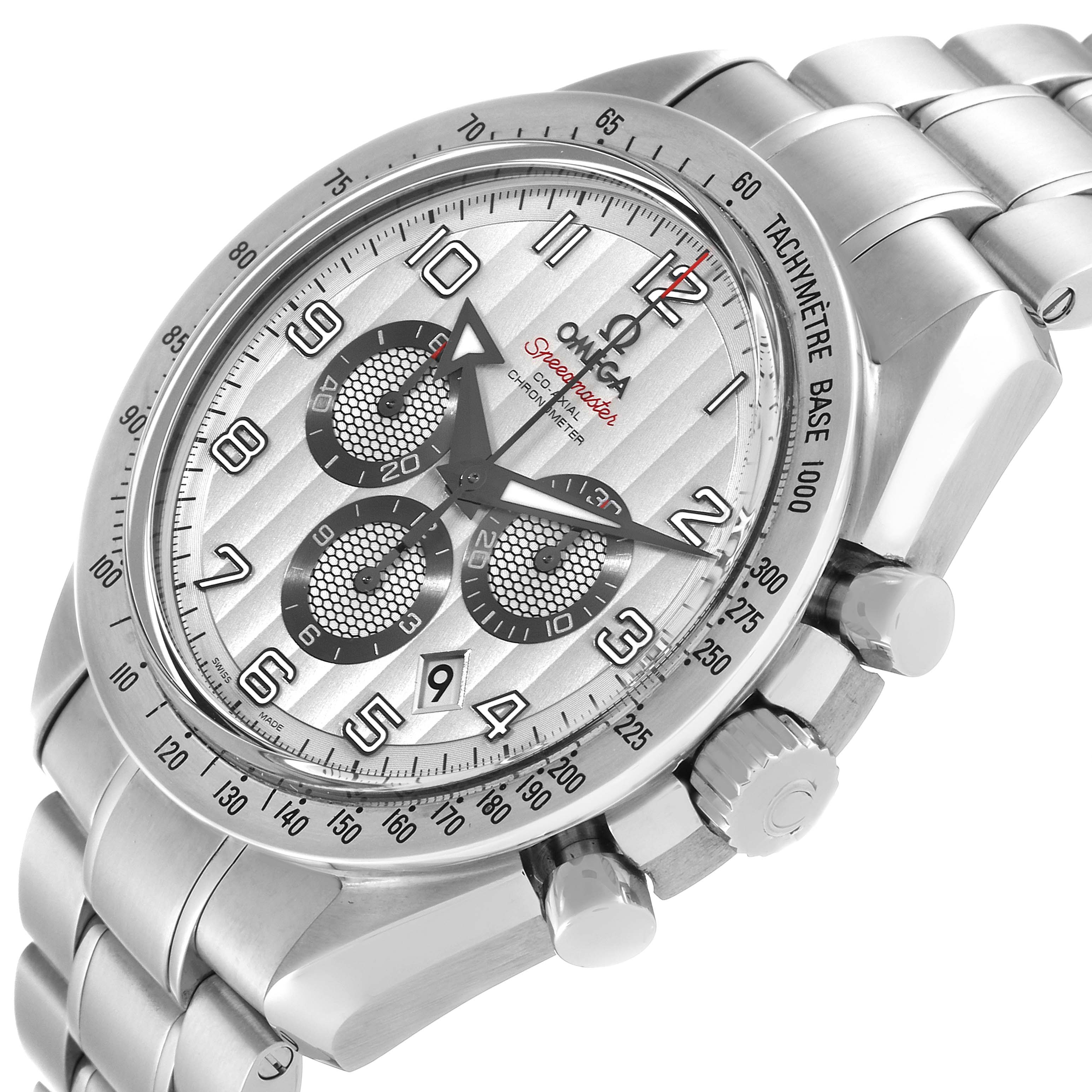 The image shows an angled close-up view of the Omega Speedmaster 321.10.44.50.02.001 Men
s Stainless Steel Silver Dial 321.10.44.50.02.001 Men
s Stainless Steel Silver Dial watch, highlighting the dial, bezel, pushers, and part of the bracelet.