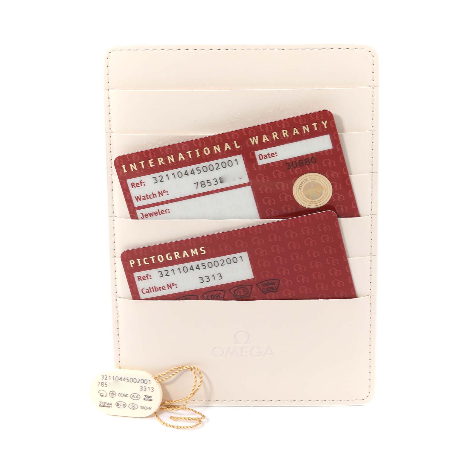 The image shows the warranty cards and a tag for the Omega Speedmaster 321.10.44.50.02.001 Men
s Stainless Steel Silver Dial 321.10.44.50.02.001 Men
s Stainless Steel Silver Dial watch in a cardholder.