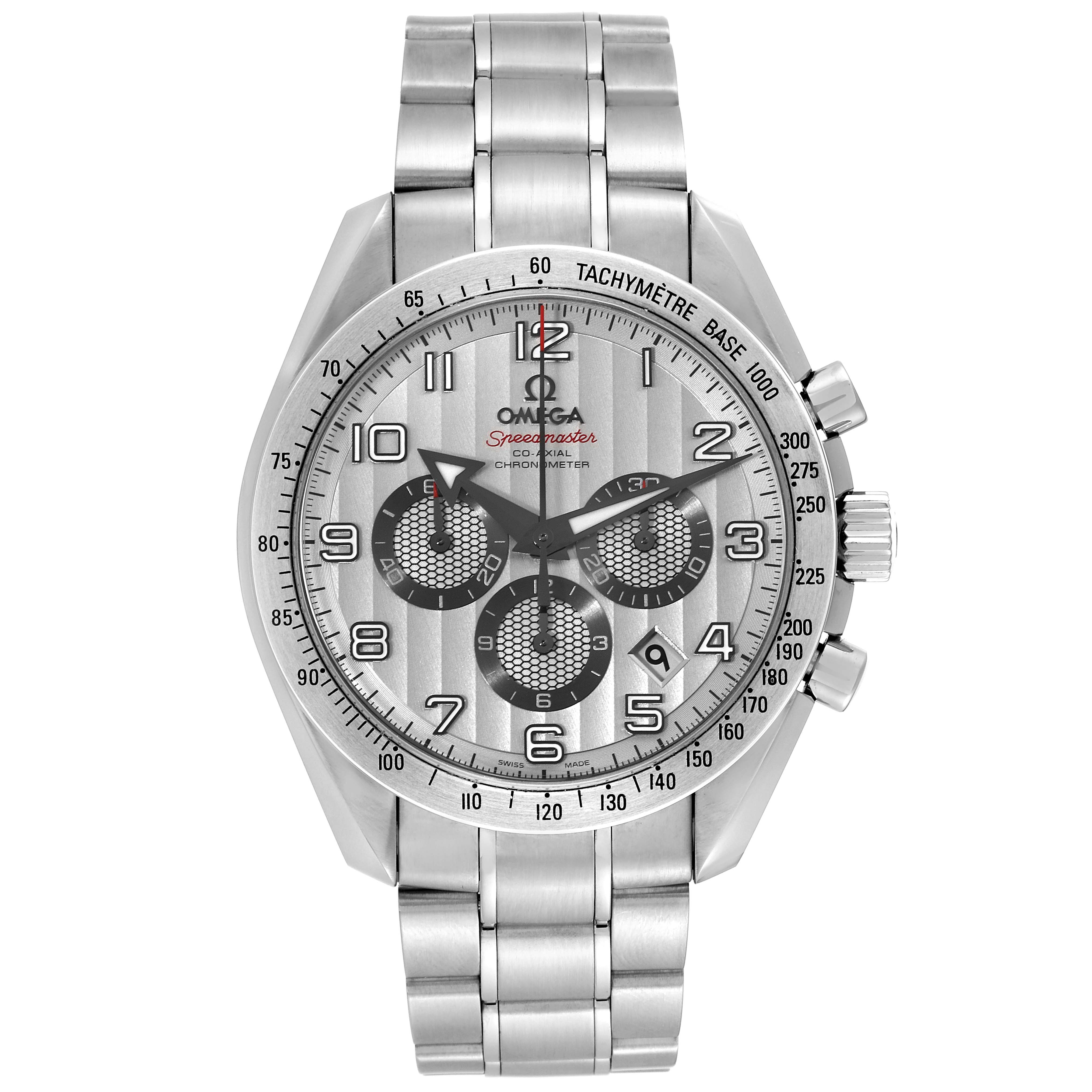 The image shows a front view of an Omega Speedmaster 321.10.44.50.02.001 Men
s Stainless Steel Silver Dial 321.10.44.50.02.001 Men
s Stainless Steel Silver Dial with a silver dial, tachymeter bezel, and metal bracelet.
