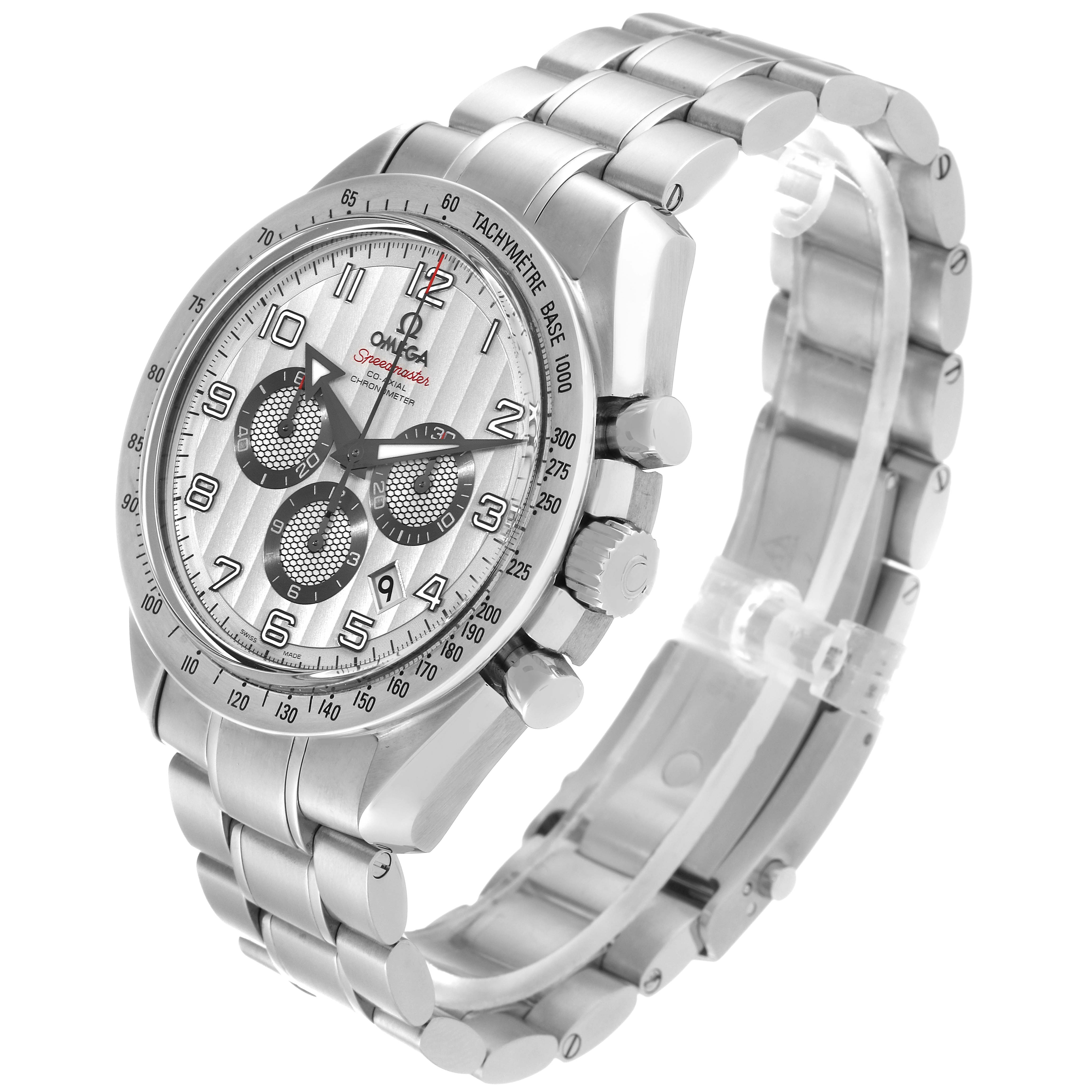 The image shows an angled side view of the Omega Speedmaster 321.10.44.50.02.001 Men
s Stainless Steel Silver Dial 321.10.44.50.02.001 Men
s Stainless Steel Silver Dial watch, highlighting the dial, bezel, crown, and bracelet.