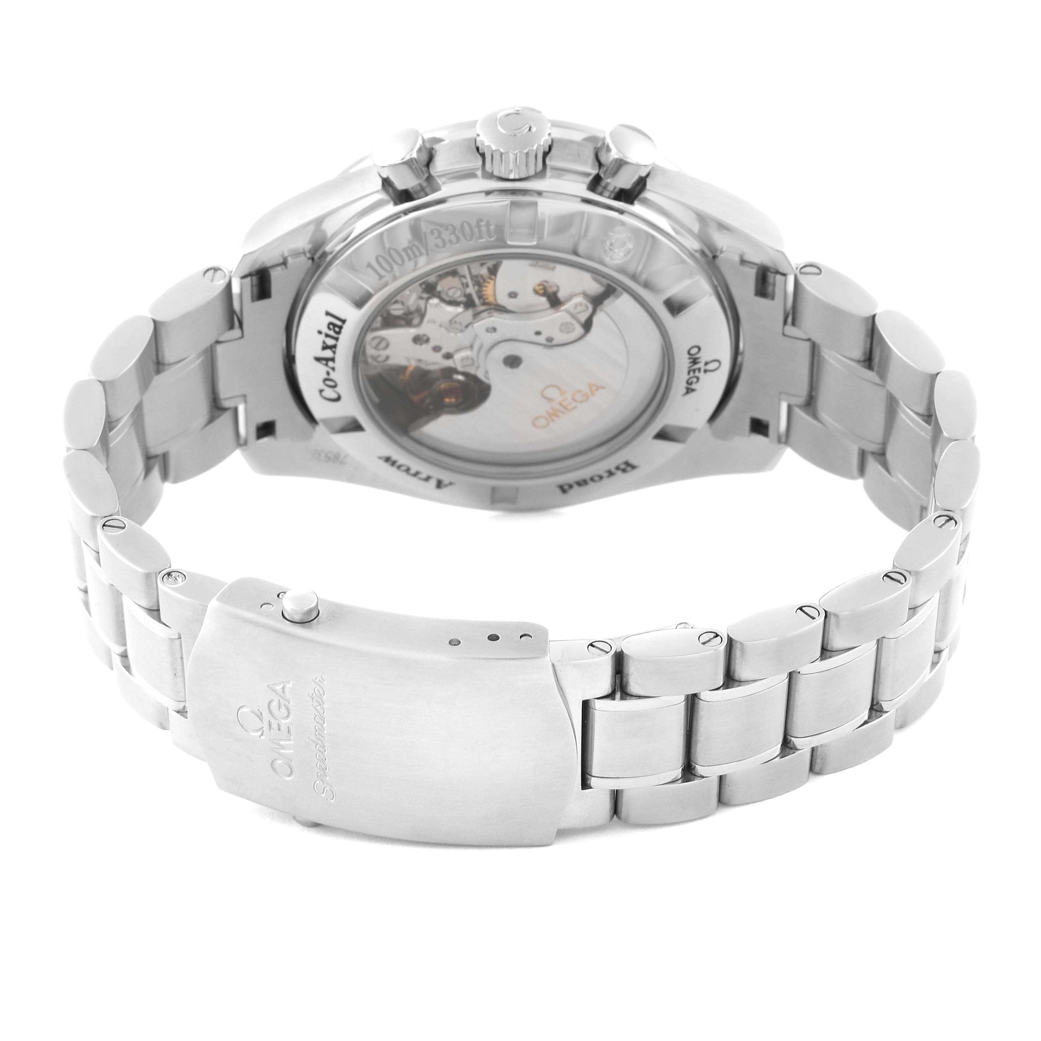 The image shows the back of an Omega Speedmaster 321.10.44.50.02.001 Men
s Stainless Steel Silver Dial 321.10.44.50.02.001 Men
s Stainless Steel Silver Dial watch, highlighting the stainless steel bracelet and transparent case back.