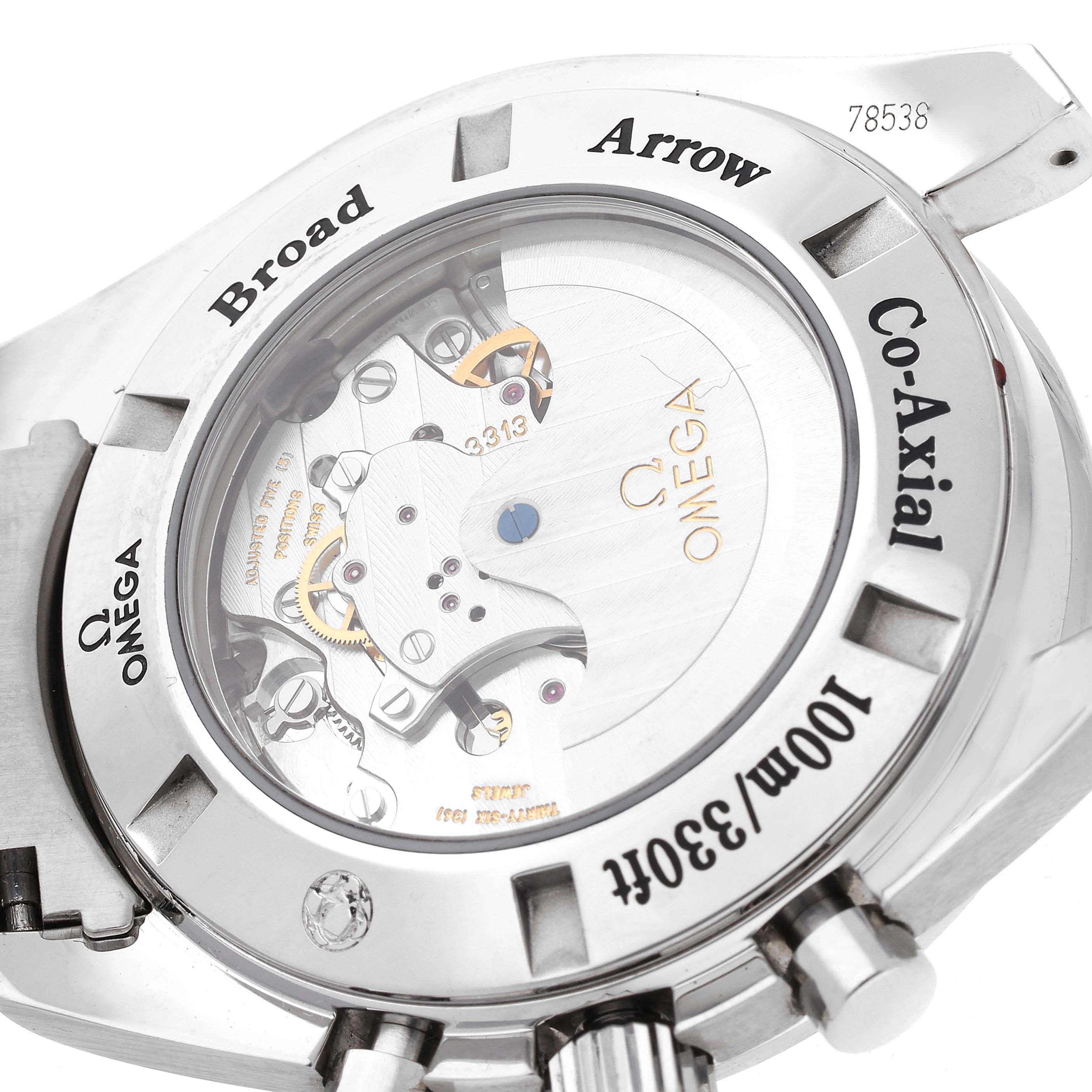 The image shows the back of an Omega Speedmaster 321.10.44.50.02.001 Men
s Stainless Steel Silver Dial 321.10.44.50.02.001 Men
s Stainless Steel Silver Dial Co-Axial watch, displaying its internal mechanism through a transparent case.