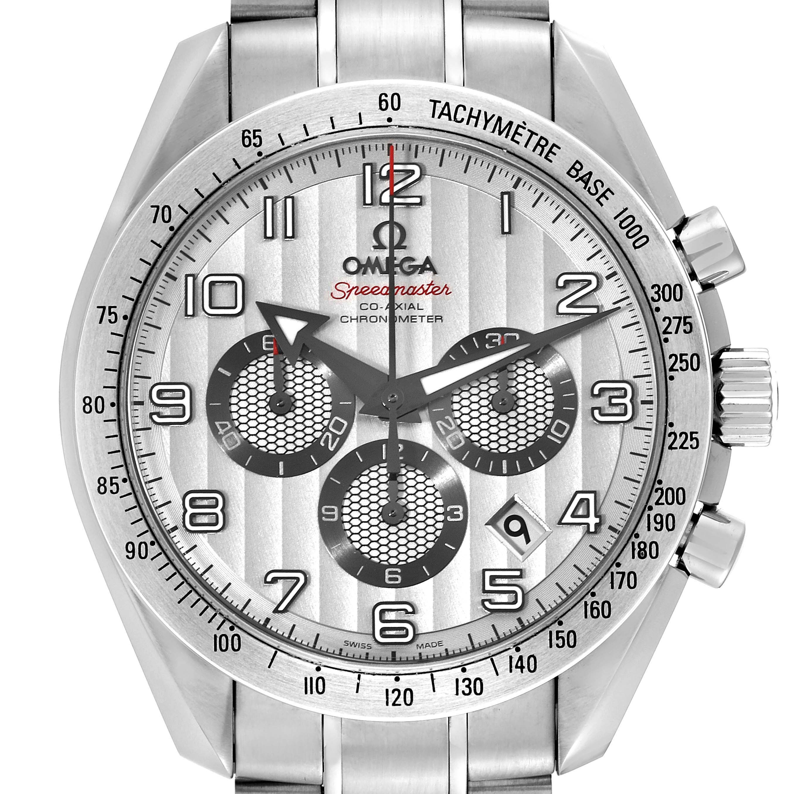 The image shows a front view of the Omega Speedmaster 321.10.44.50.02.001 Men
s Stainless Steel Silver Dial 321.10.44.50.02.001 Men
s Stainless Steel Silver Dial watch, highlighting the dial, chronograph sub-dials, and tachymeter bezel.