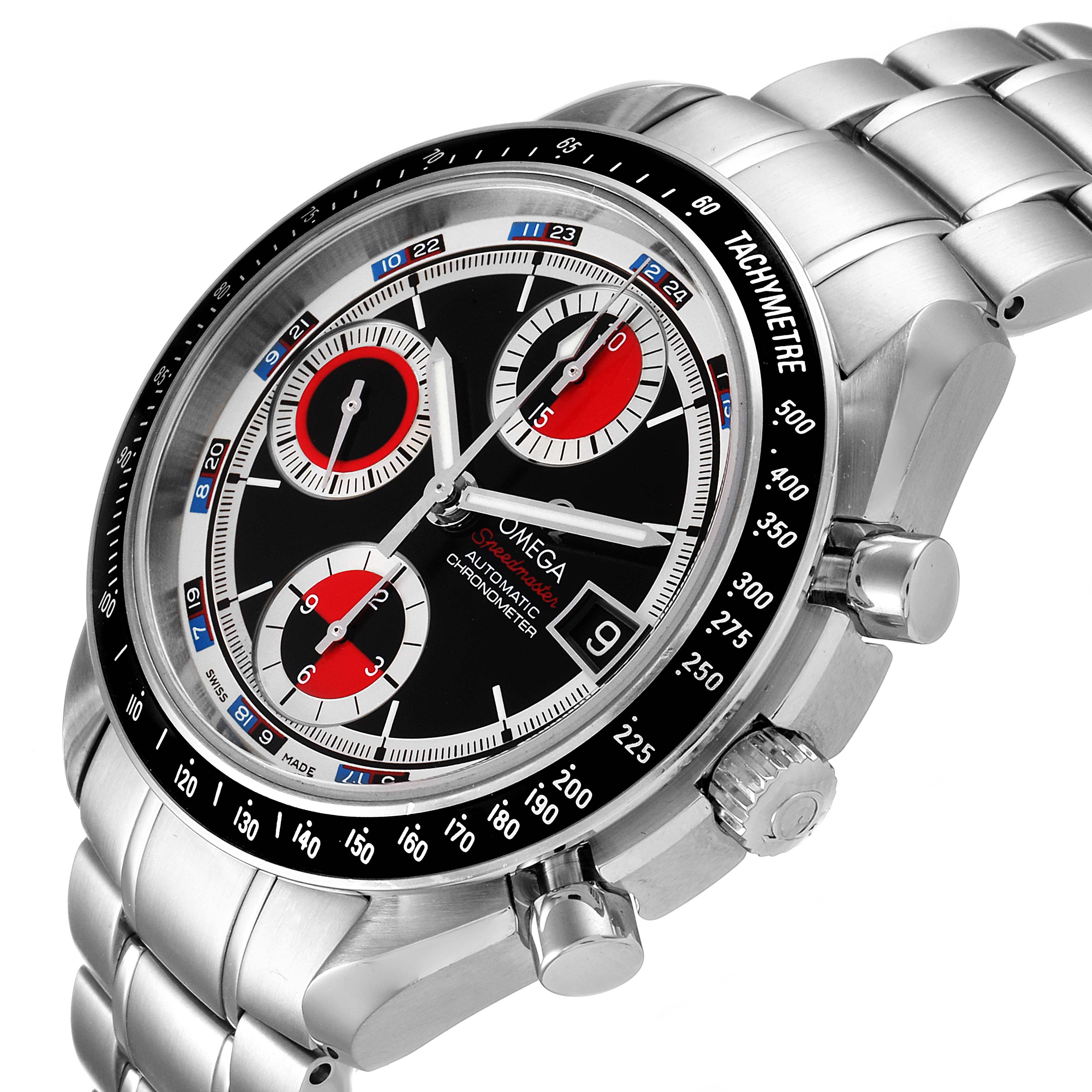 The Omega Speedmaster 3210.52.00 Men
s Stainless Steel Black Dial 3210.52.00 Men
s Stainless Steel Black Dial watch is shown at an angle highlighting its dial, bezel, pushers, and part of the bracelet.