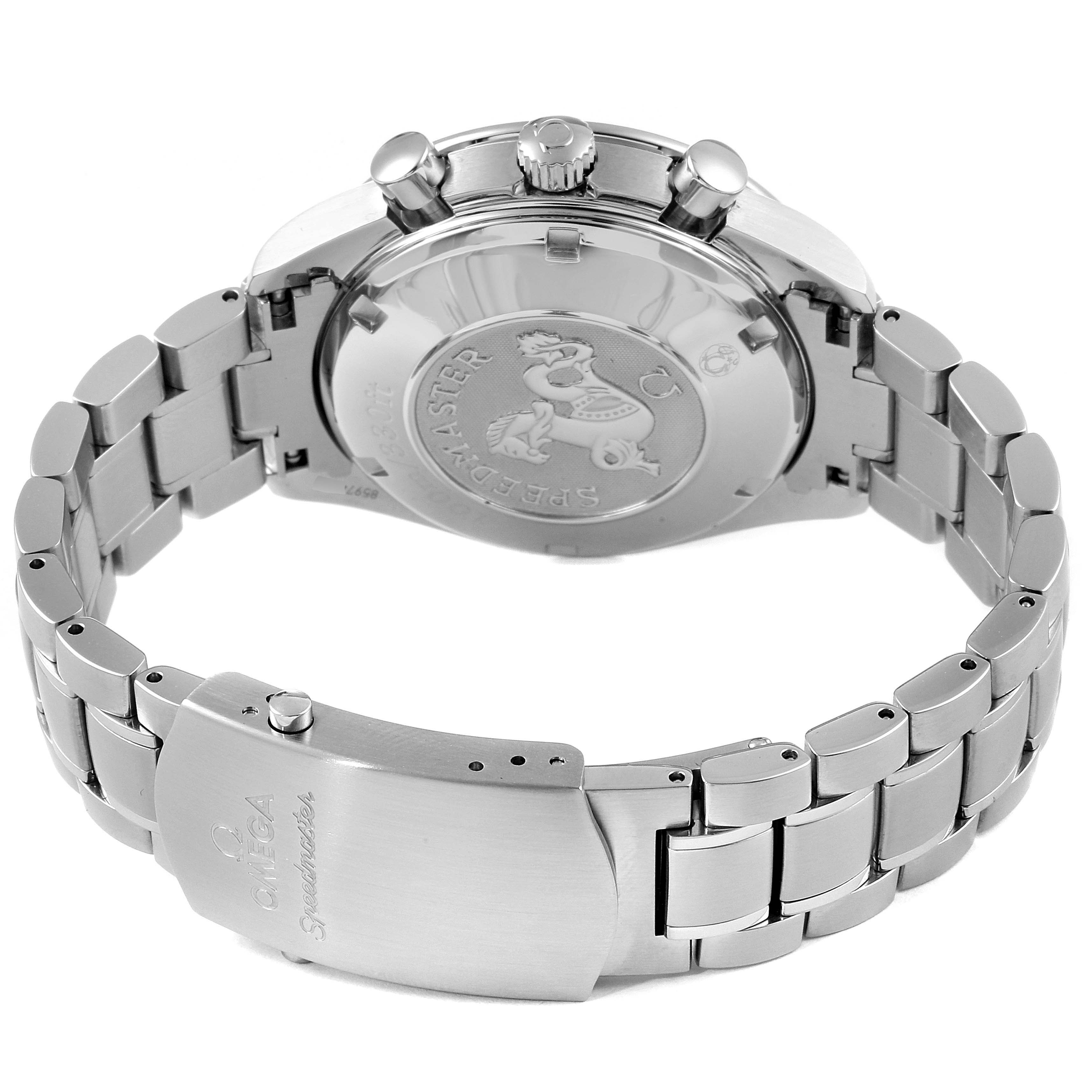 This image shows the back case, crown, pushers, and bracelet of the Omega Speedmaster 3210.52.00 Men
s Stainless Steel Black Dial 3210.52.00 Men
s Stainless Steel Black Dial watch from an angled rear view.