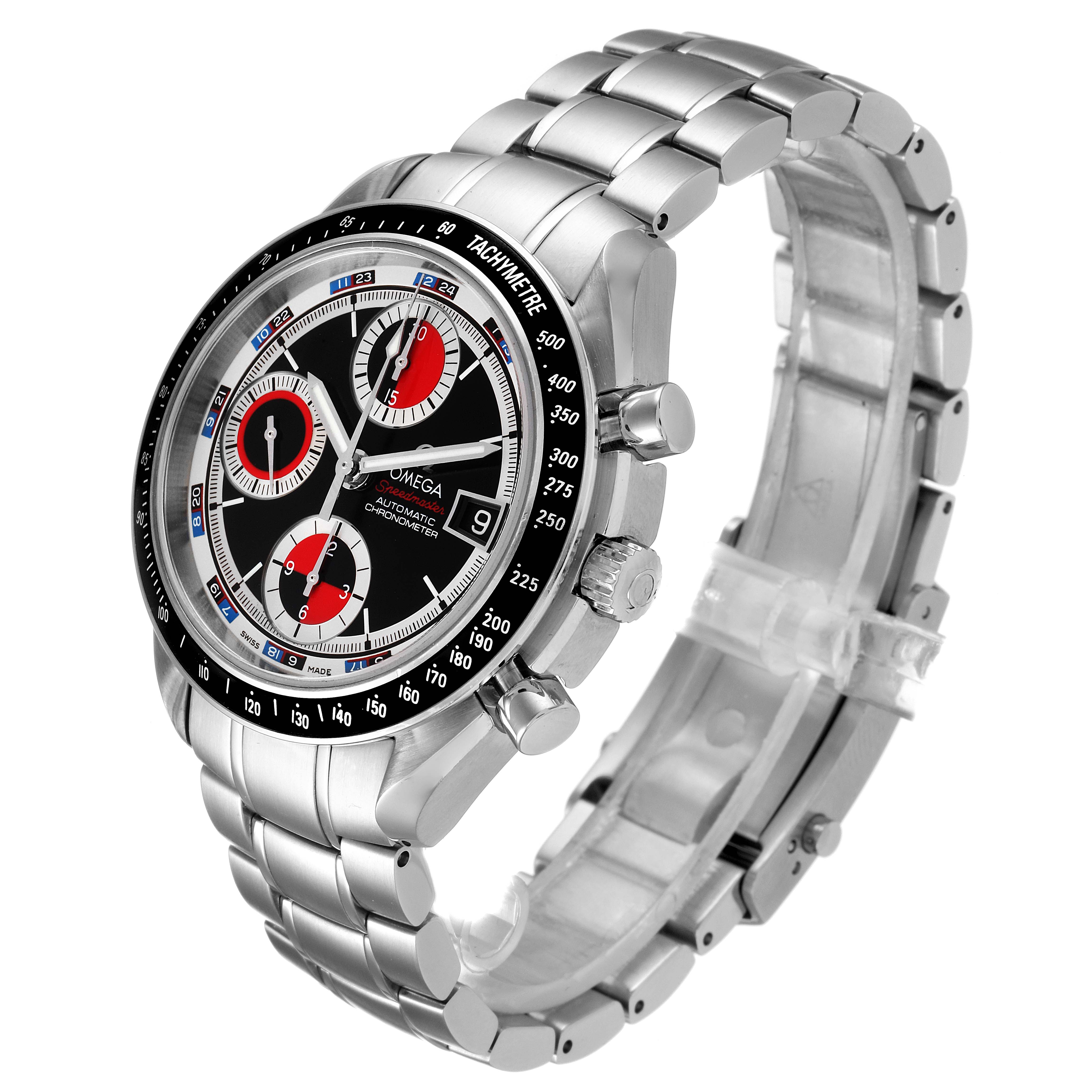 The Omega Speedmaster 3210.52.00 Men
s Stainless Steel Black Dial 3210.52.00 Men
s Stainless Steel Black Dial watch is shown at a three-quarter angle, displaying the face, bezel, buttons, and metal bracelet.