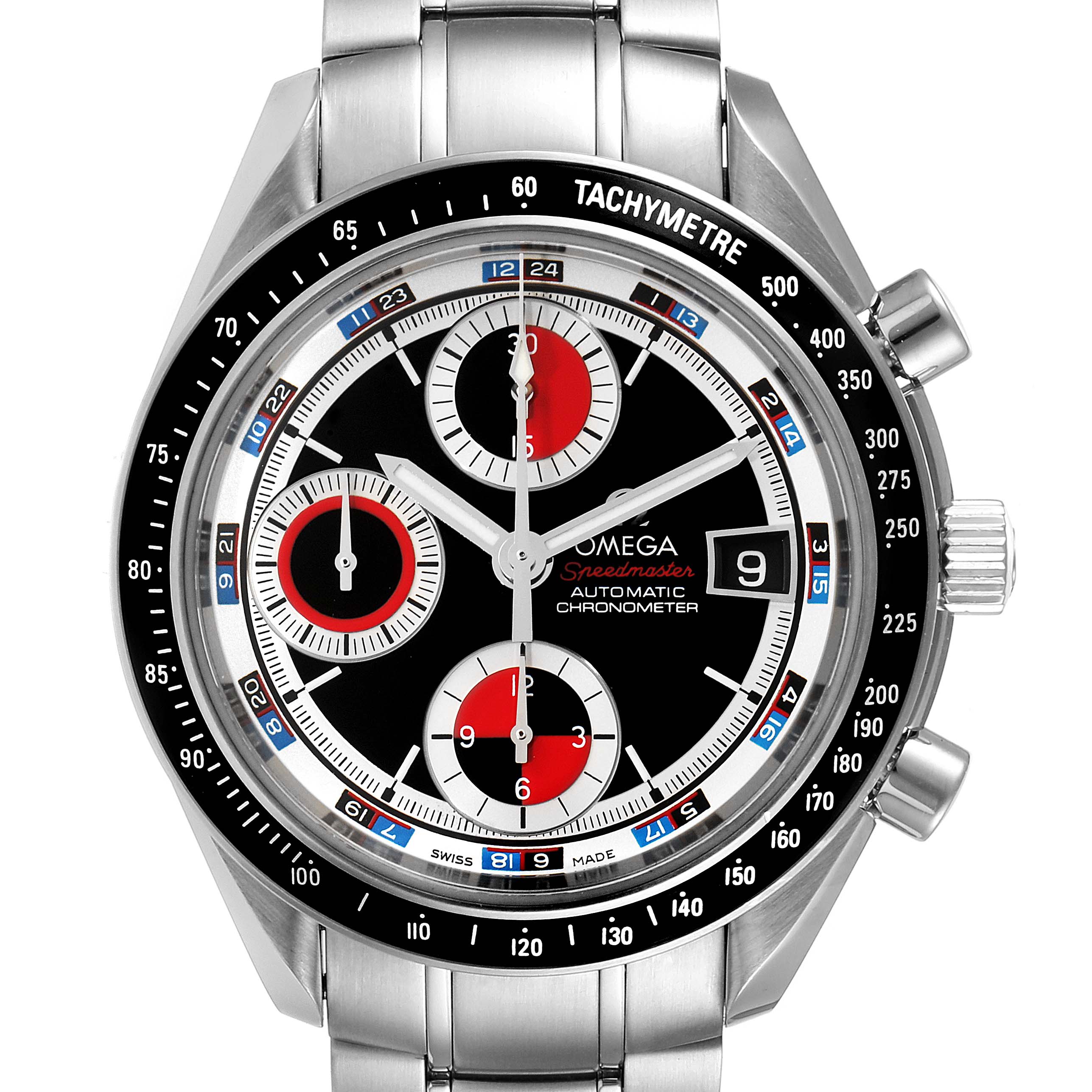 The image shows a front view of the Omega Speedmaster 3210.52.00 Men
s Stainless Steel Black Dial 3210.52.00 Men
s Stainless Steel Black Dial watch, highlighting the dial, chronograph, and tachymeter.