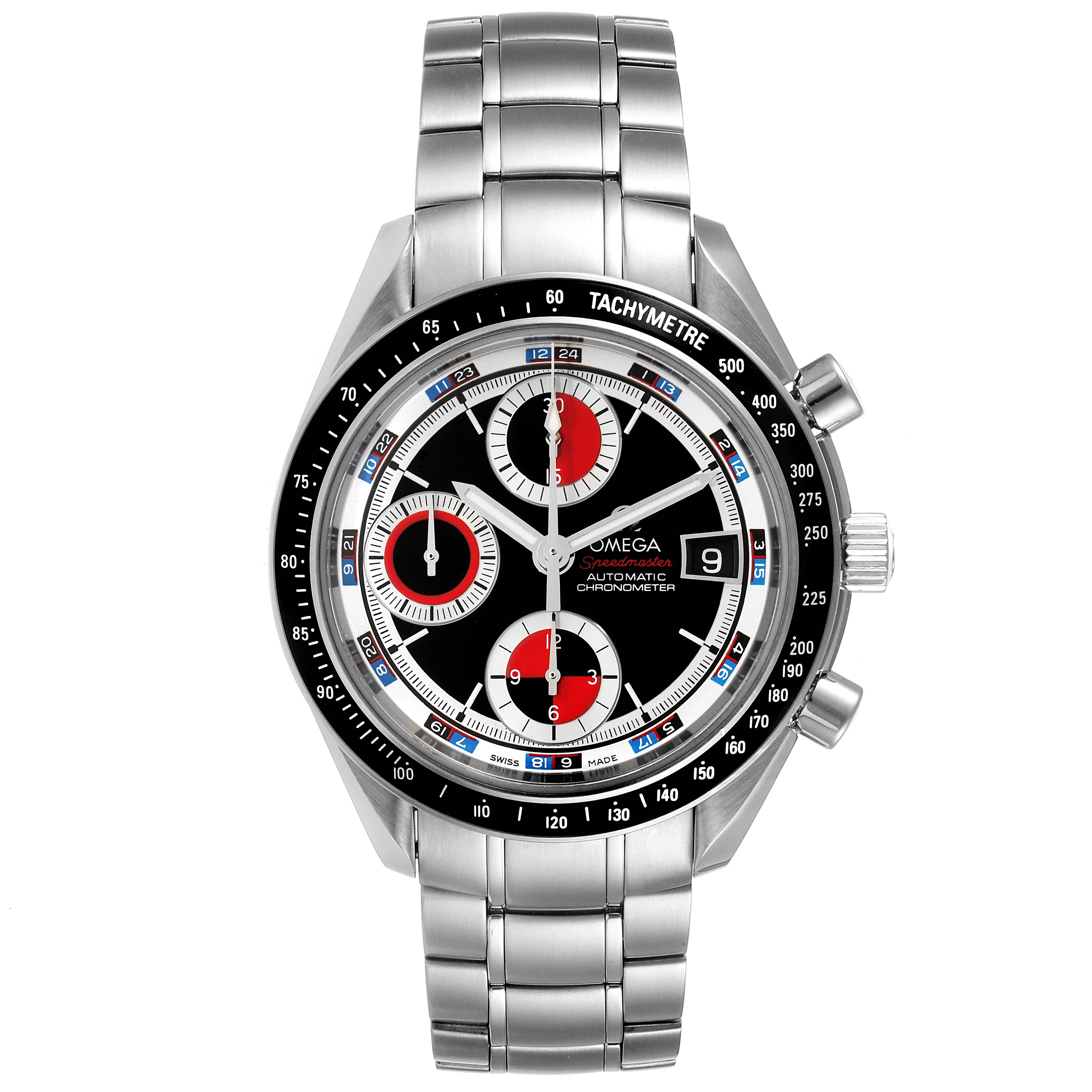 This image shows a front view of an Omega Speedmaster 3210.52.00 Men
s Stainless Steel Black Dial 3210.52.00 Men
s Stainless Steel Black Dial watch, highlighting the dial, sub-dials, and metal bracelet.