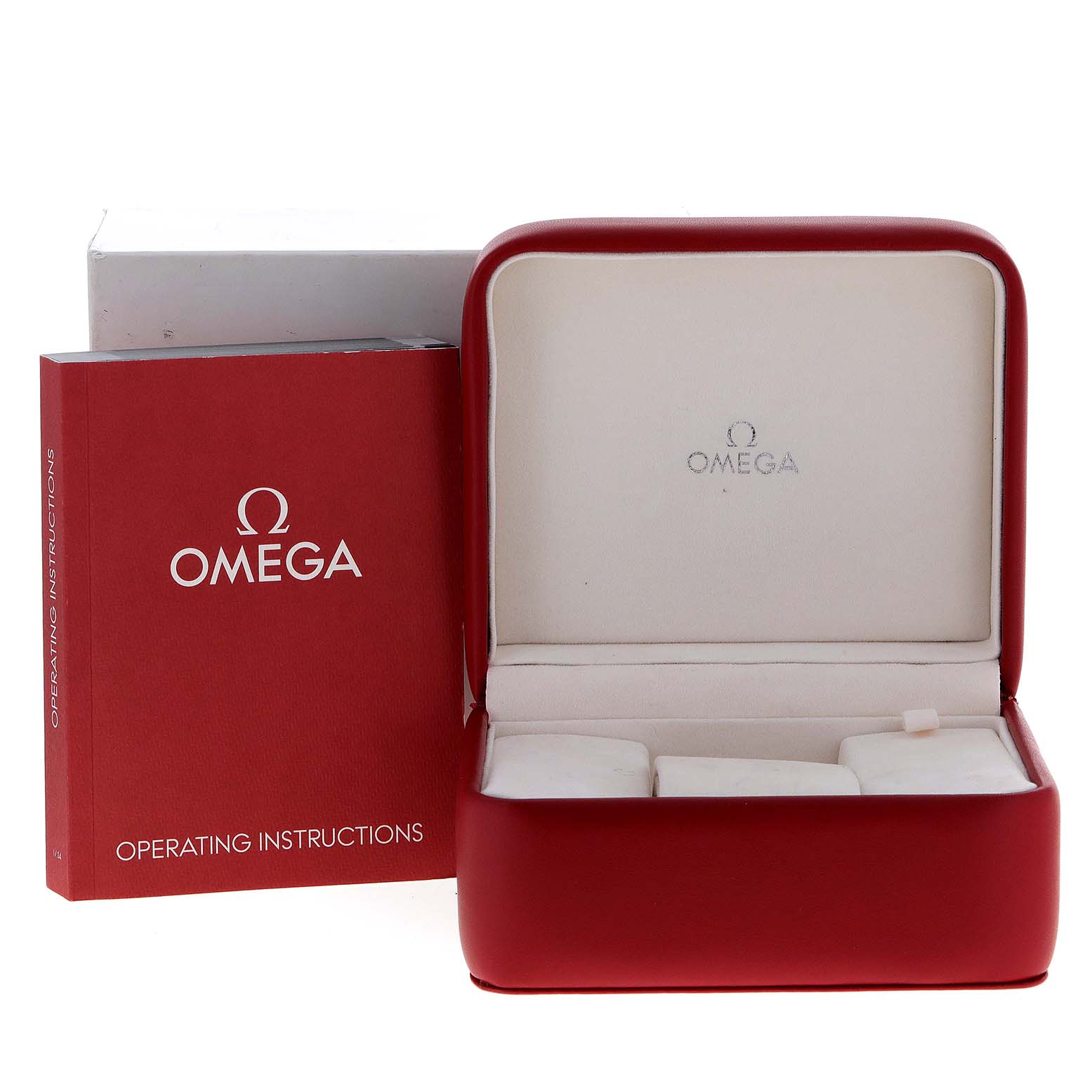 The image shows an Omega Speedmaster 3210.52.00 Men
s Stainless Steel Black Dial 3210.52.00 Men
s Stainless Steel Black Dial watch case along with its operating instructions manual.