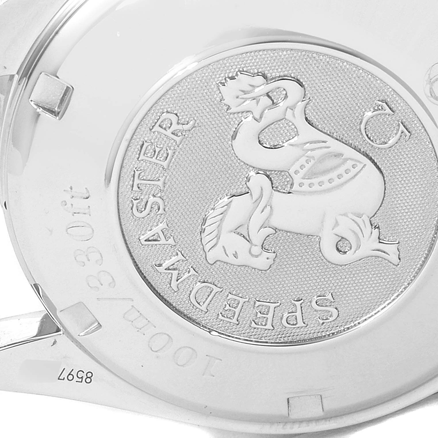 The image shows the caseback of an Omega Speedmaster 3210.52.00 Men
s Stainless Steel Black Dial 3210.52.00 Men
s Stainless Steel Black Dial watch, displaying the emblem and water resistance details.