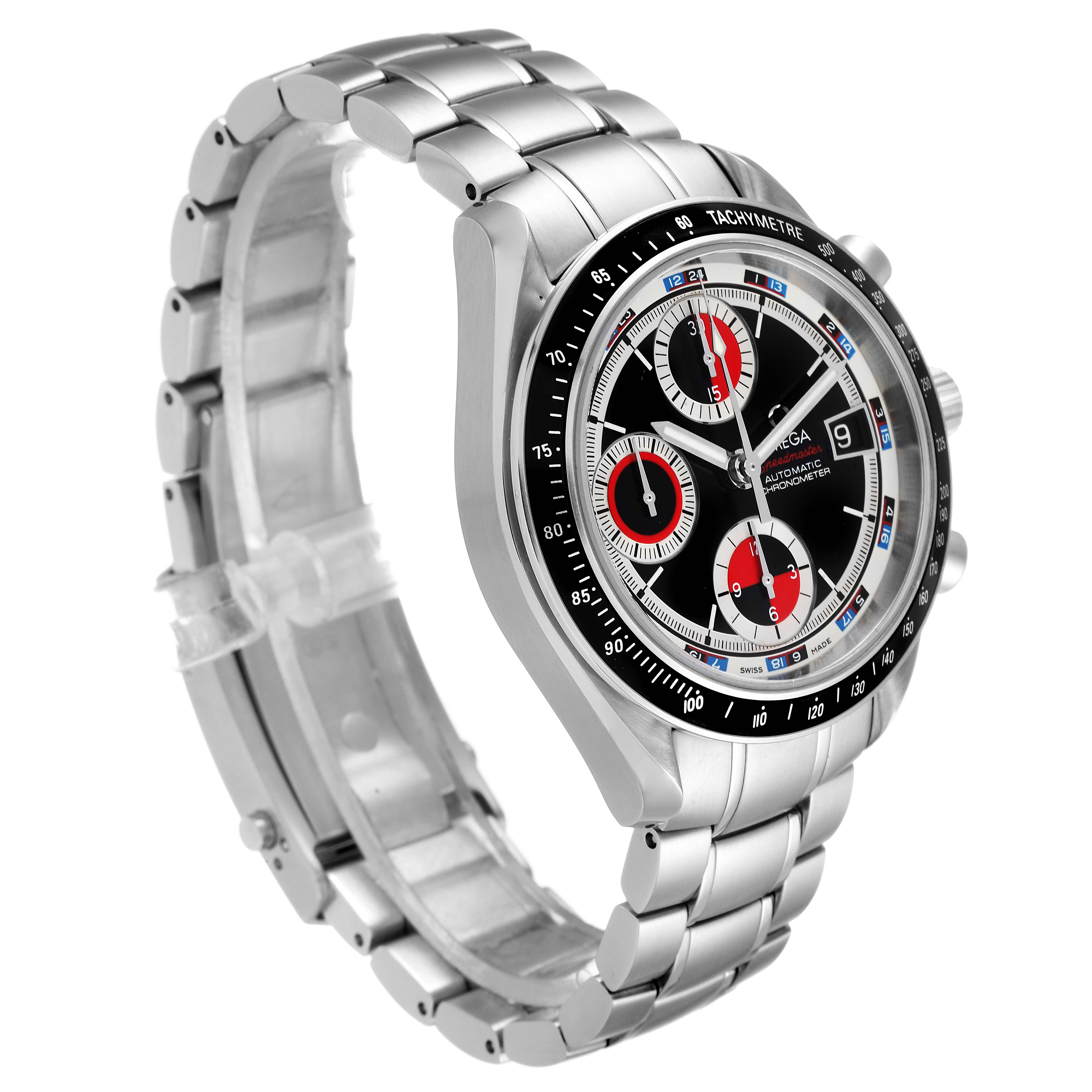 This Omega Speedmaster 3210.52.00 Men
s Stainless Steel Black Dial 3210.52.00 Men
s Stainless Steel Black Dial watch is shown from a three-quarter angle, highlighting the bracelet, bezel, and chronograph dials.