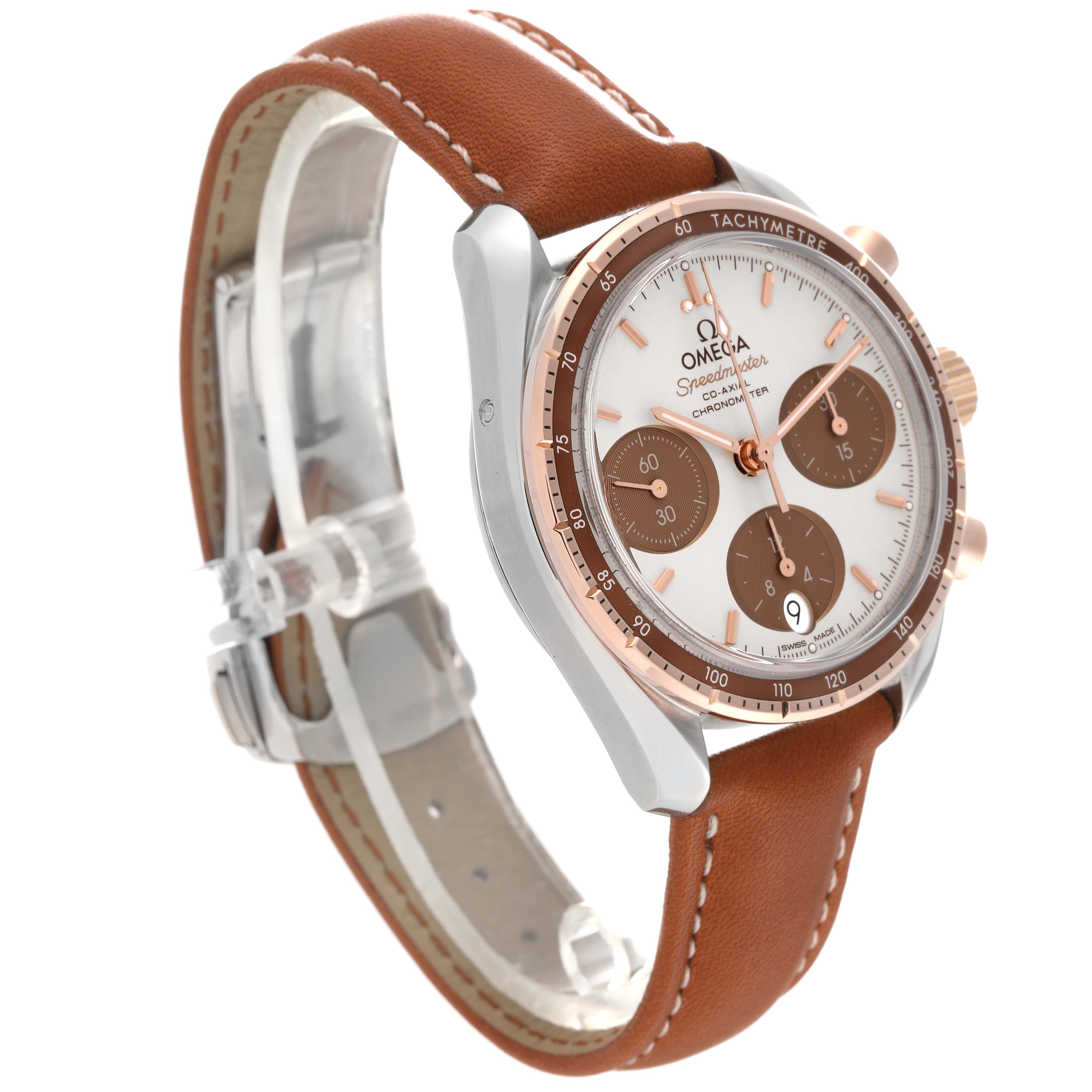 The Omega Speedmaster 324.23.38.50.02.002 Men's Steel and Gold (two tone) Silver Dial 324.23.38.50.02.002 Men's Steel and Gold (two tone) Silver Dial watch is shown at a three-quarter angle highlighting the face, tachymeter bezel, and brown leather strap.