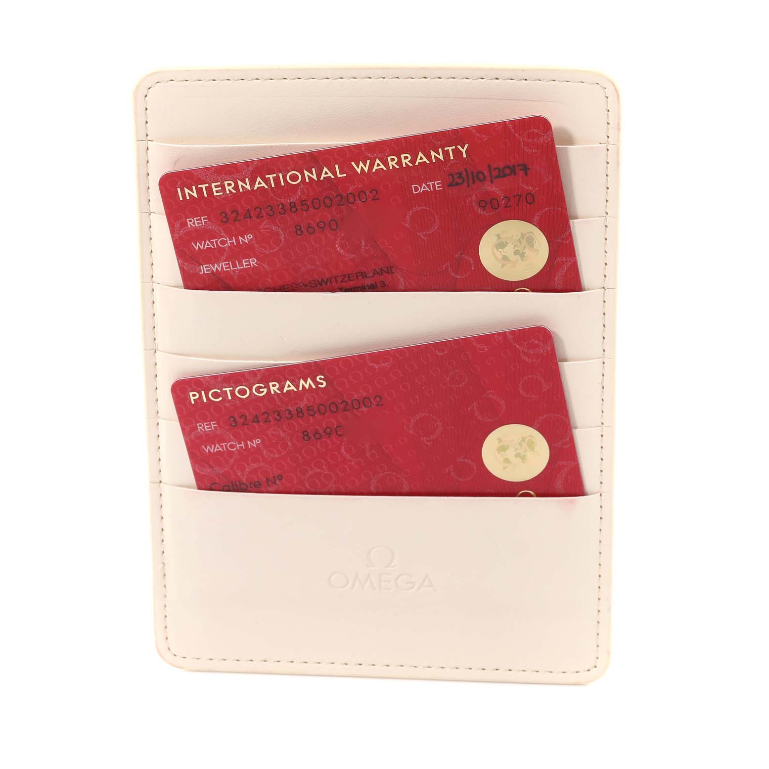 This image shows the warranty and pictogram cards for the Omega Speedmaster 324.23.38.50.02.002 Men's Steel and Gold (two tone) Silver Dial 324.23.38.50.02.002 Men's Steel and Gold (two tone) Silver Dial model, placed in a white Omega-branded cardholder.