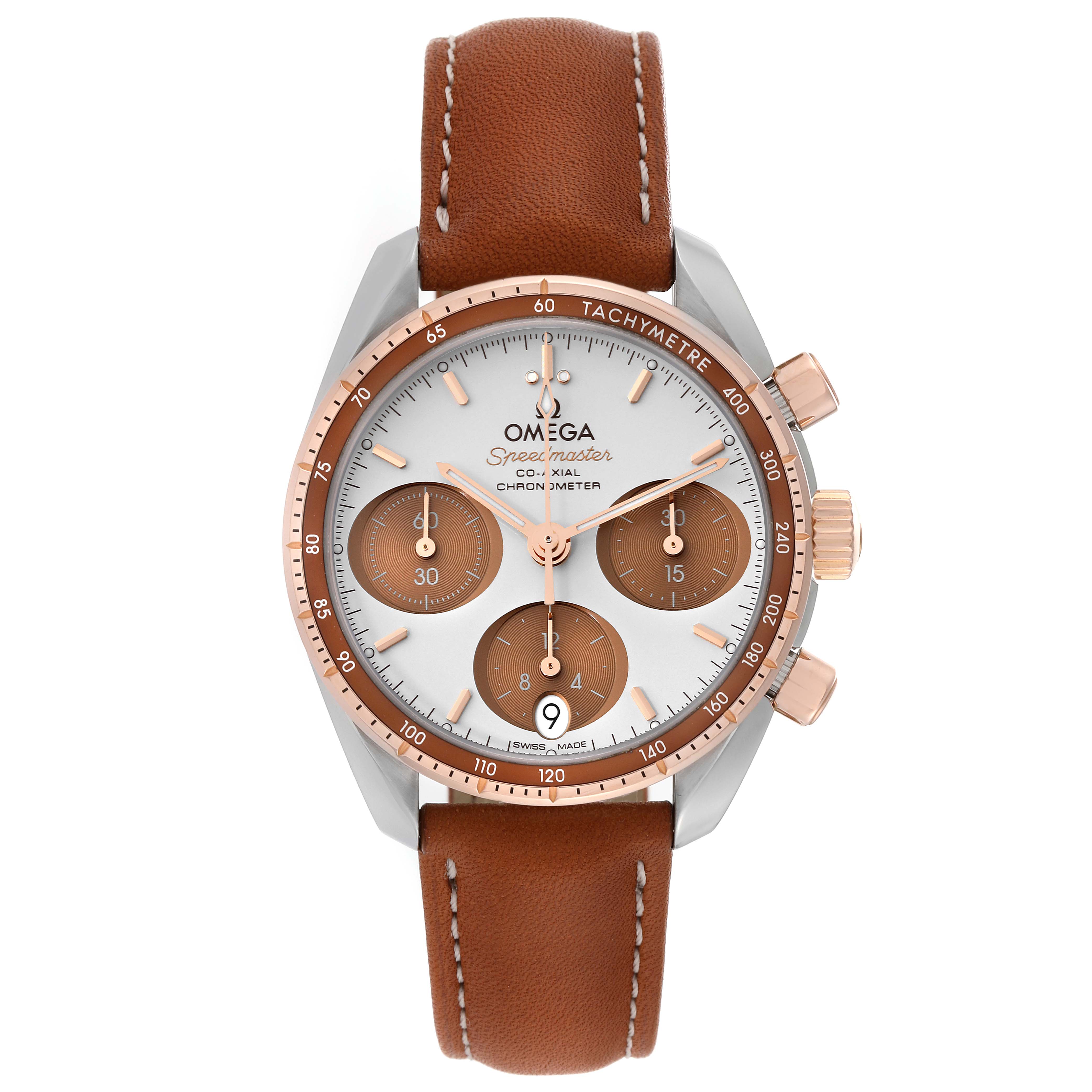 The image shows a frontal view of an Omega Speedmaster 324.23.38.50.02.002 Men's Steel and Gold (two tone) Silver Dial 324.23.38.50.02.002 Men's Steel and Gold (two tone) Silver Dial watch with a leather strap and rose gold accents.