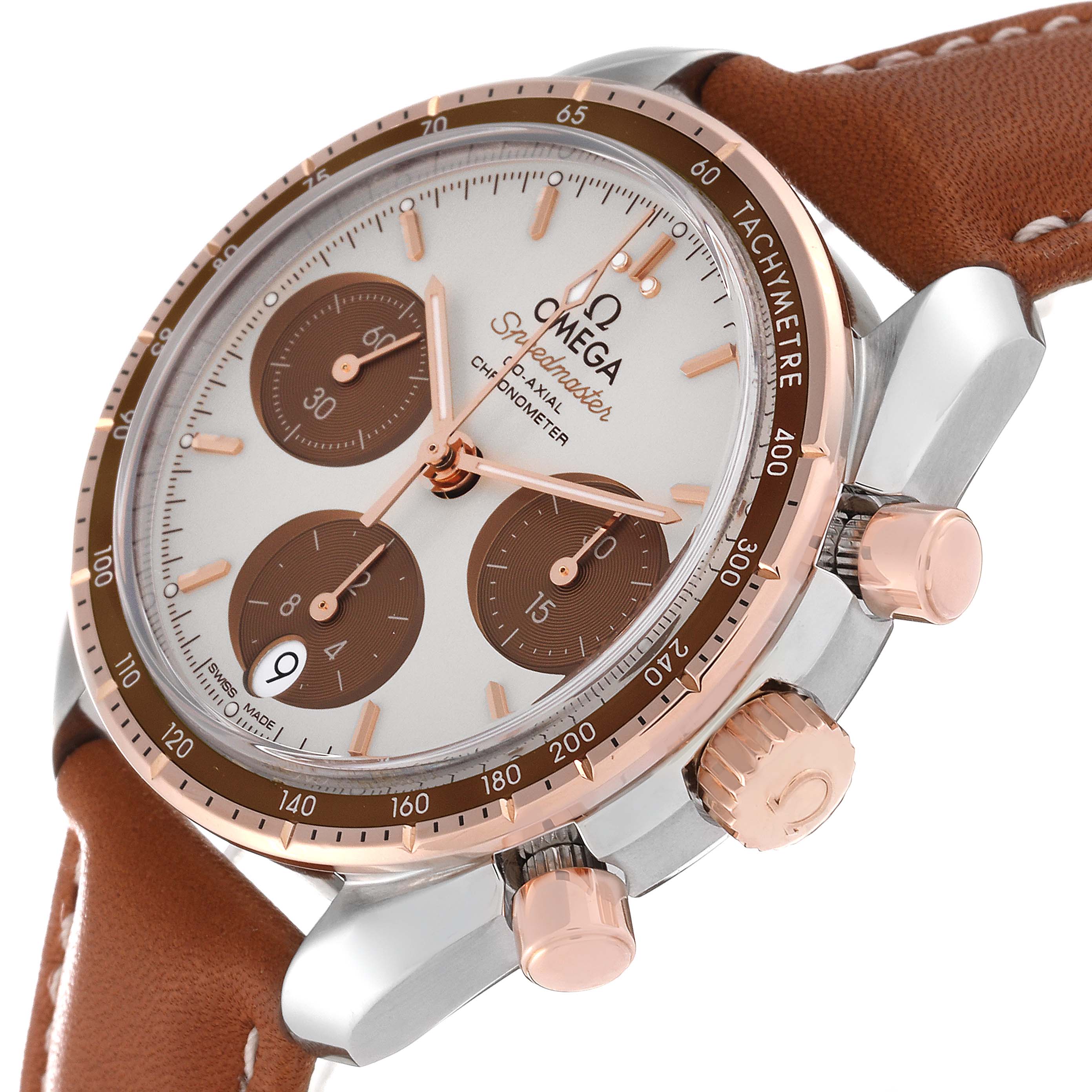 The image shows an Omega Speedmaster 324.23.38.50.02.002 Men's Steel and Gold (two tone) Silver Dial 324.23.38.50.02.002 Men's Steel and Gold (two tone) Silver Dial watch at a slight angle, highlighting the face, bezel, pushers, crown, and leather strap.