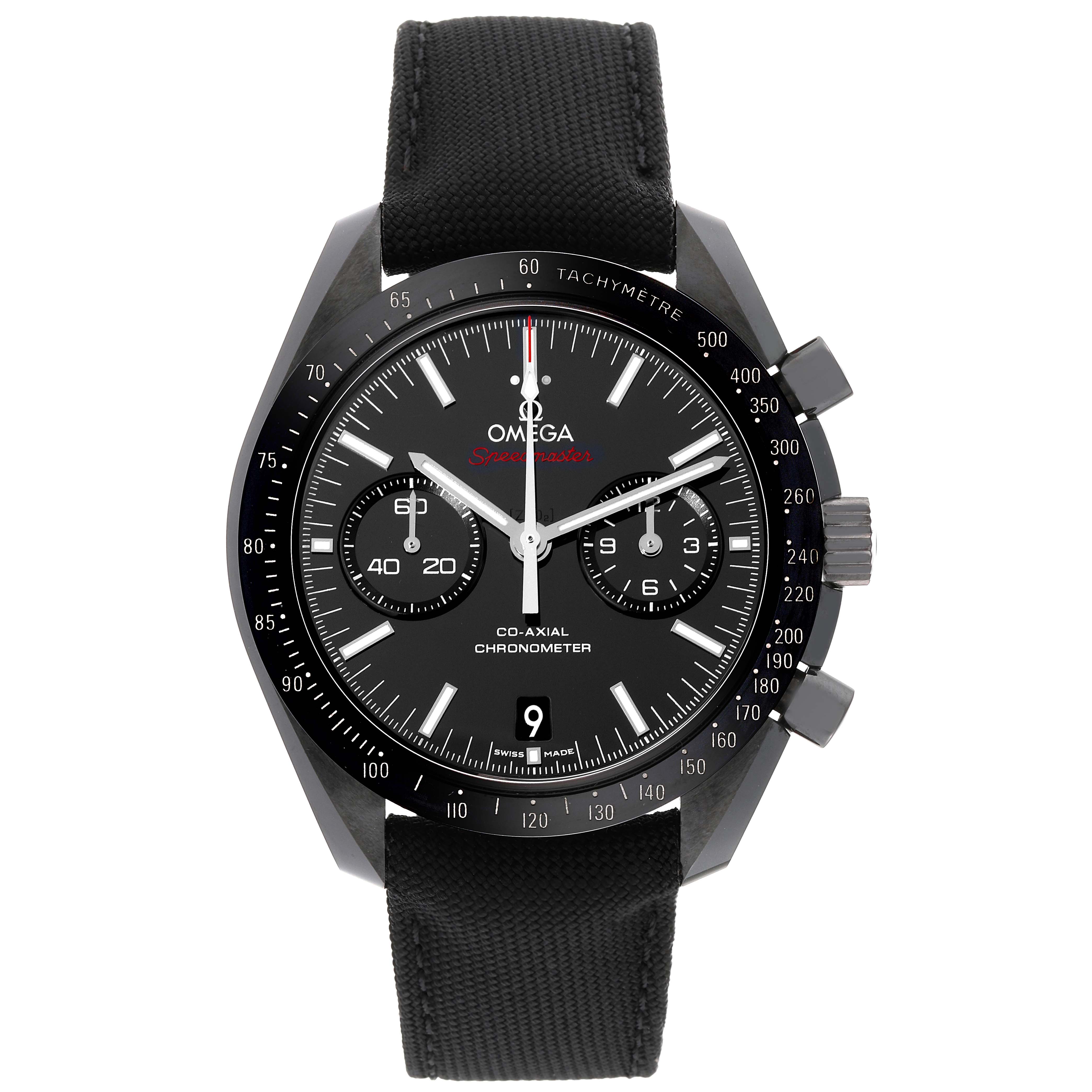 This image shows a front view of an Omega Speedmaster 311.92.44.51.01.007 Men
s Ceramic Black Dial 311.92.44.51.01.007 Men
s Ceramic Black Dial watch, displaying the dial, pushers, and strap.