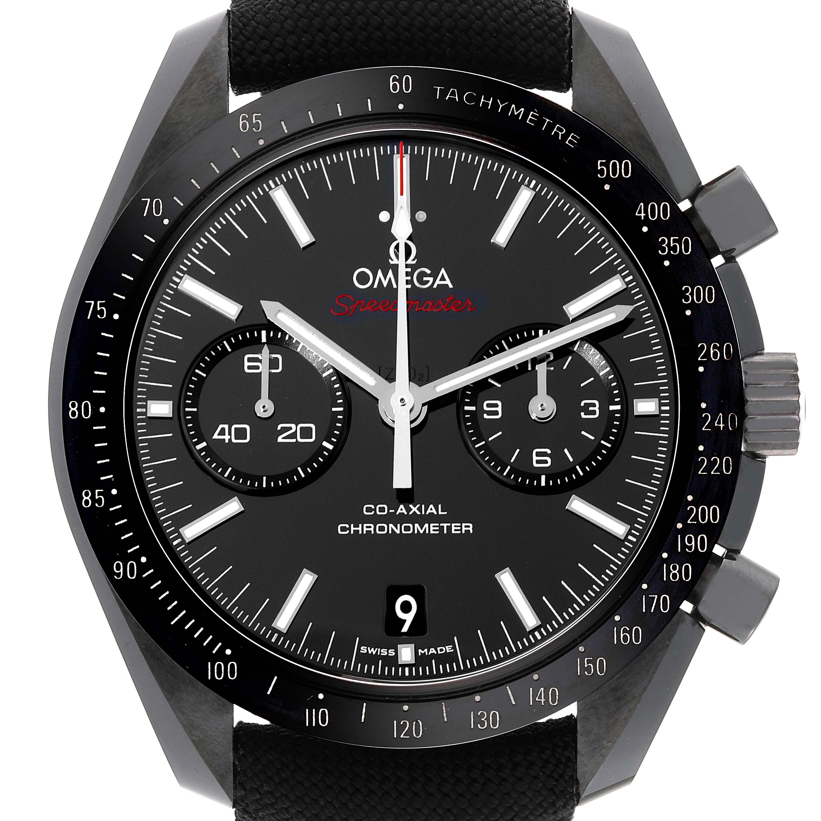 This image shows a front view of an Omega Speedmaster 311.92.44.51.01.007 Men
s Ceramic Black Dial 311.92.44.51.01.007 Men
s Ceramic Black Dial watch, highlighting the dial, bezel, chronograph sub-dials, and tachymeter scale.