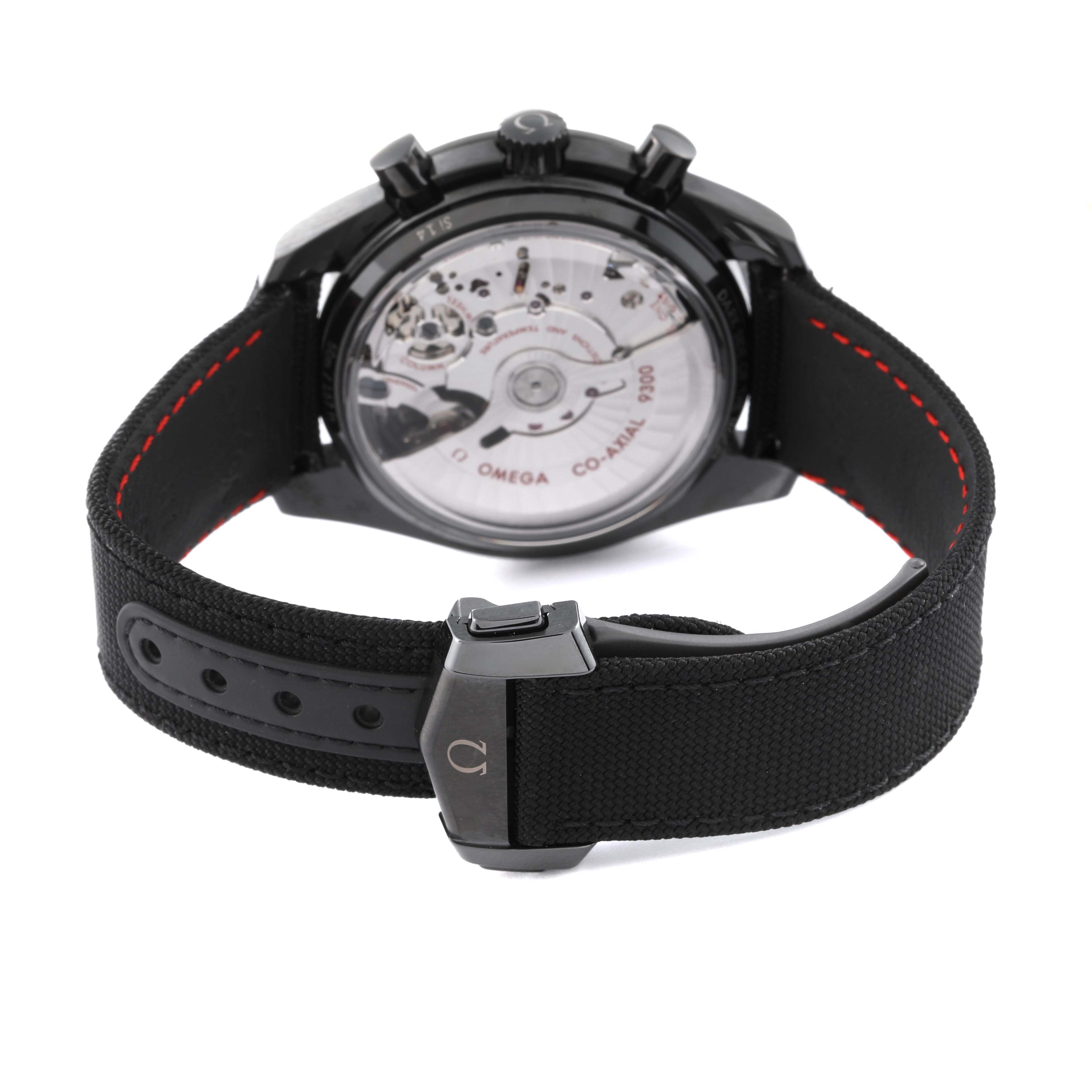 This image shows the back view of an Omega Speedmaster 311.92.44.51.01.007 Men
s Ceramic Black Dial 311.92.44.51.01.007 Men
s Ceramic Black Dial watch, highlighting its transparent case back and black strap.