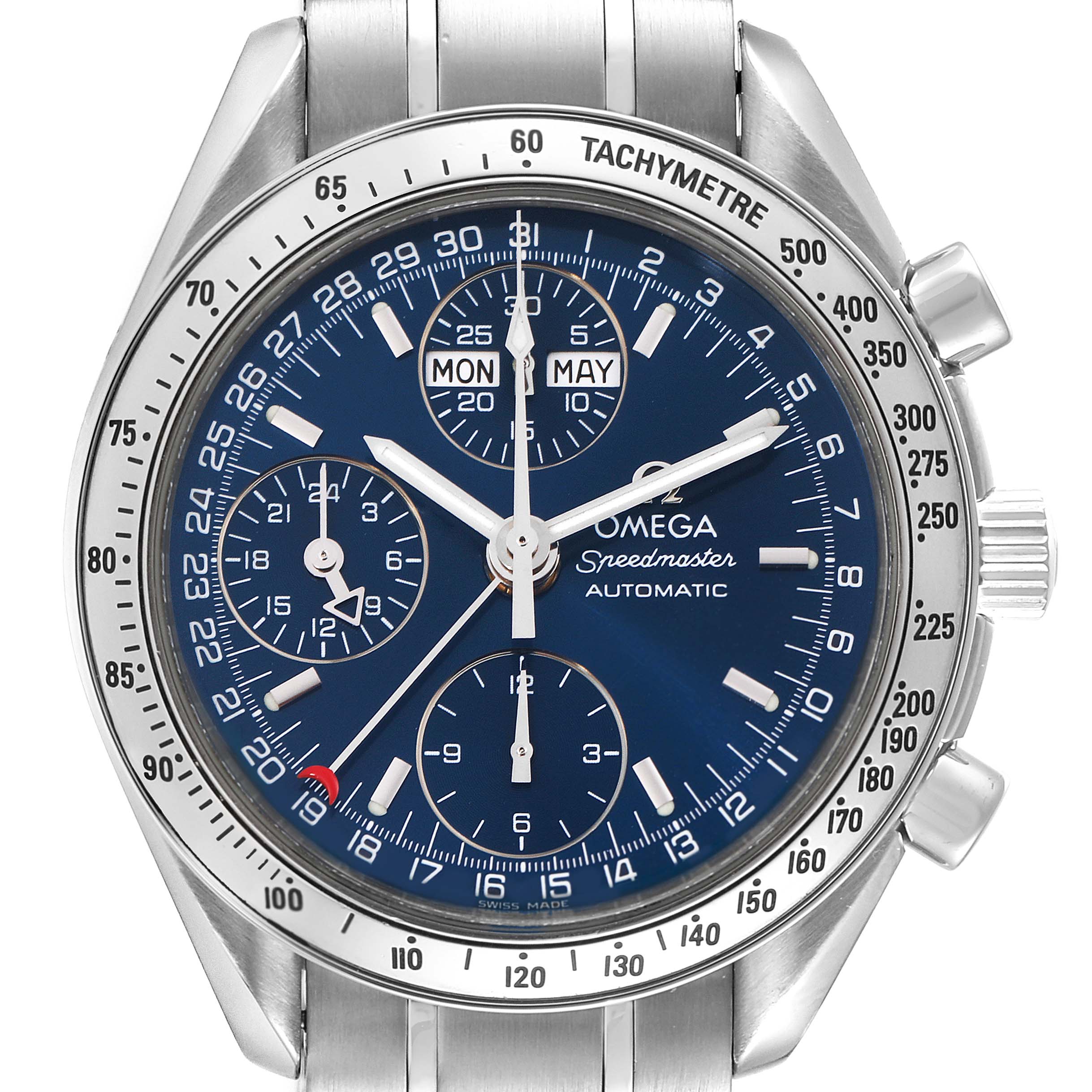 The image shows a front view of an Omega Speedmaster 3523.80.00 Men's Stainless Steel Blue Dial 3523.80.00 Men's Stainless Steel Blue Dial watch highlighting its blue dial, chronograph subdials, and tachymeter bezel.