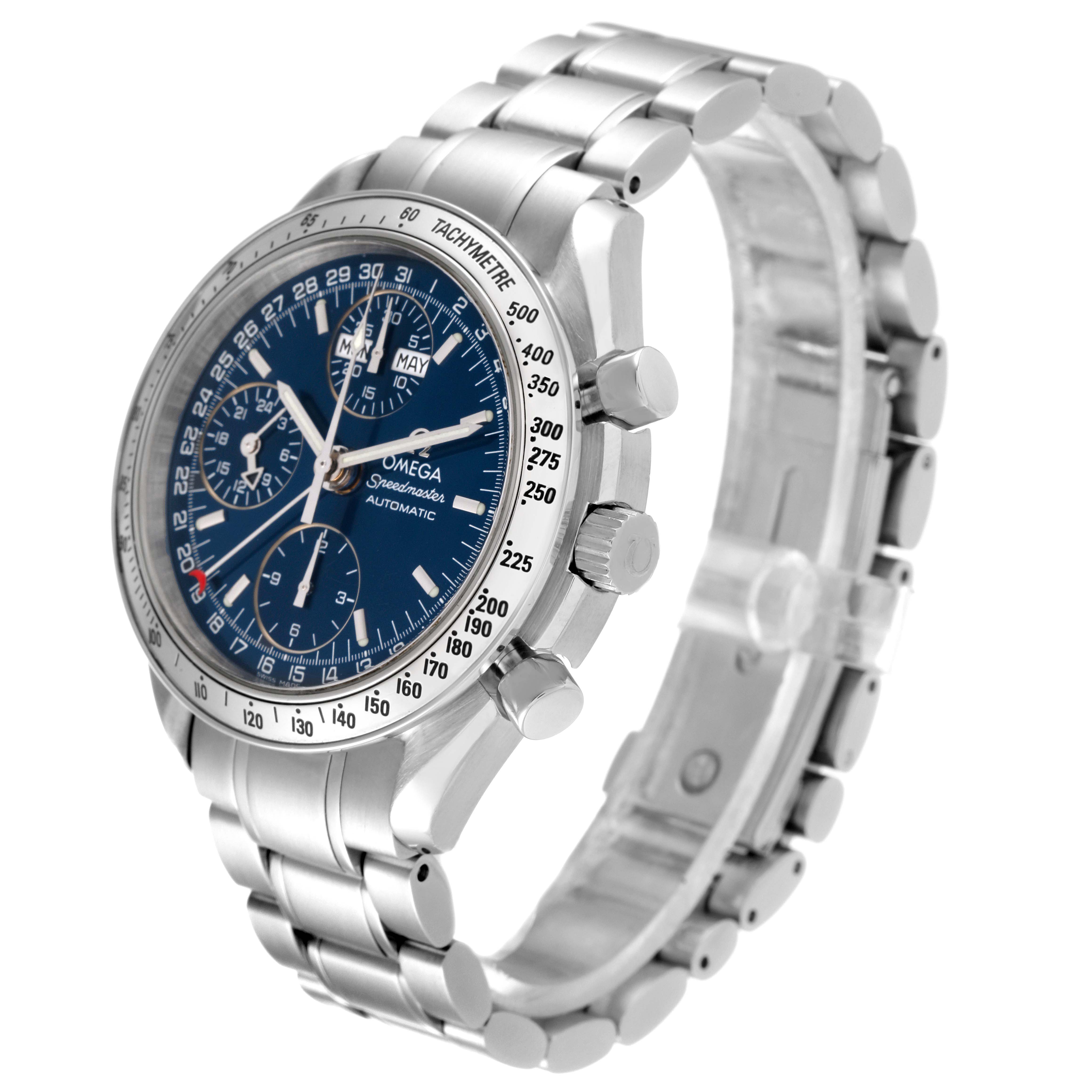 This image shows an Omega Speedmaster 3523.80.00 Men's Stainless Steel Blue Dial 3523.80.00 Men's Stainless Steel Blue Dial watch at a three-quarter angle, highlighting the dial, bezel, pushers, crown, and metal bracelet.