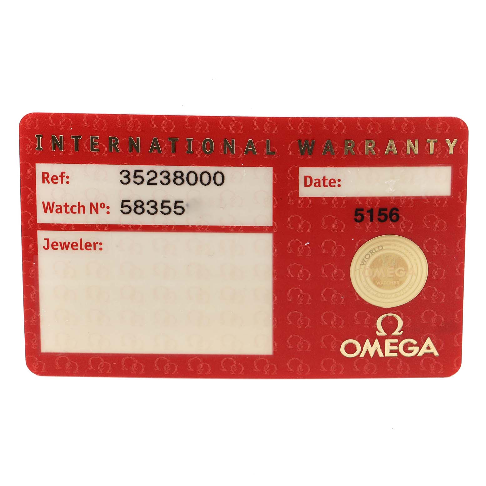 The image shows the front side of an Omega Speedmaster 3523.80.00 Men's Stainless Steel Blue Dial 3523.80.00 Men's Stainless Steel Blue Dial International Warranty card.