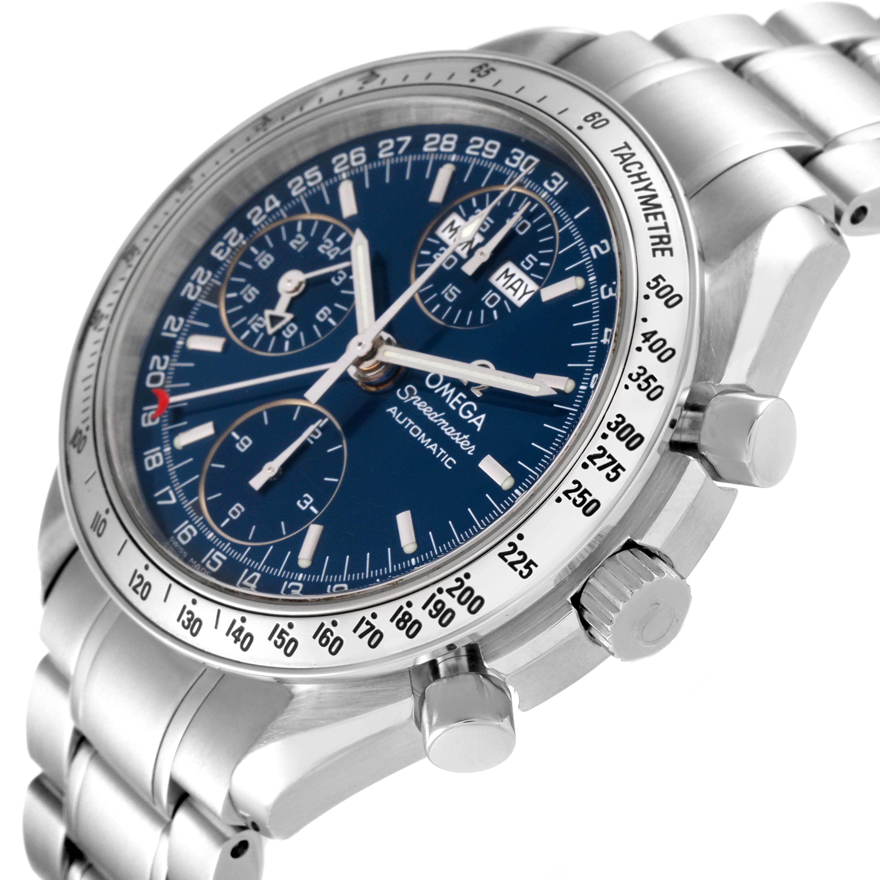 The image shows an angled view of the Omega Speedmaster 3523.80.00 Men's Stainless Steel Blue Dial 3523.80.00 Men's Stainless Steel Blue Dial watch, highlighting the dial, crown, pushers, and tachymeter bezel.
