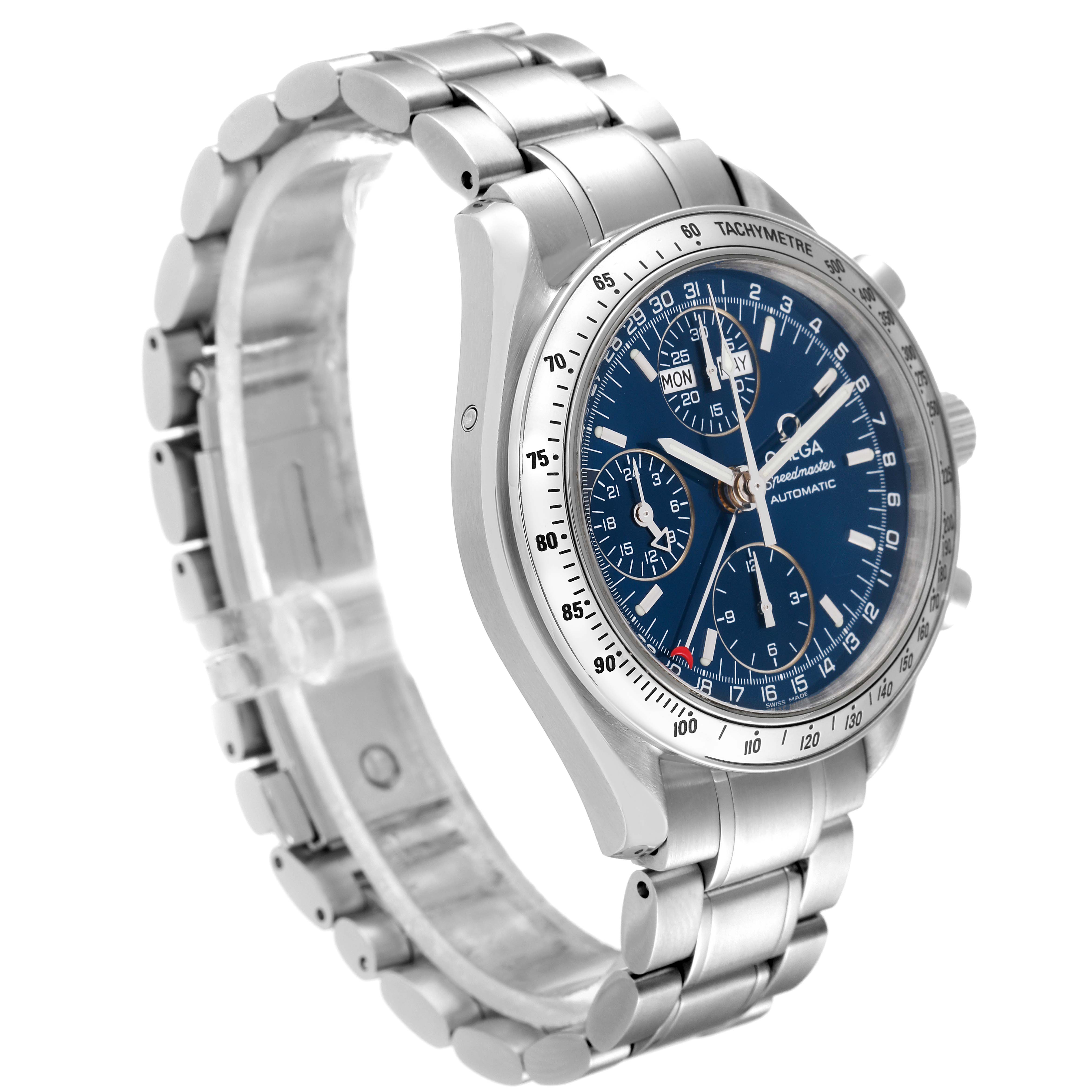 The image shows an angled view of an Omega Speedmaster 3523.80.00 Men's Stainless Steel Blue Dial 3523.80.00 Men's Stainless Steel Blue Dial watch, highlighting the dial, bezel, and bracelet.