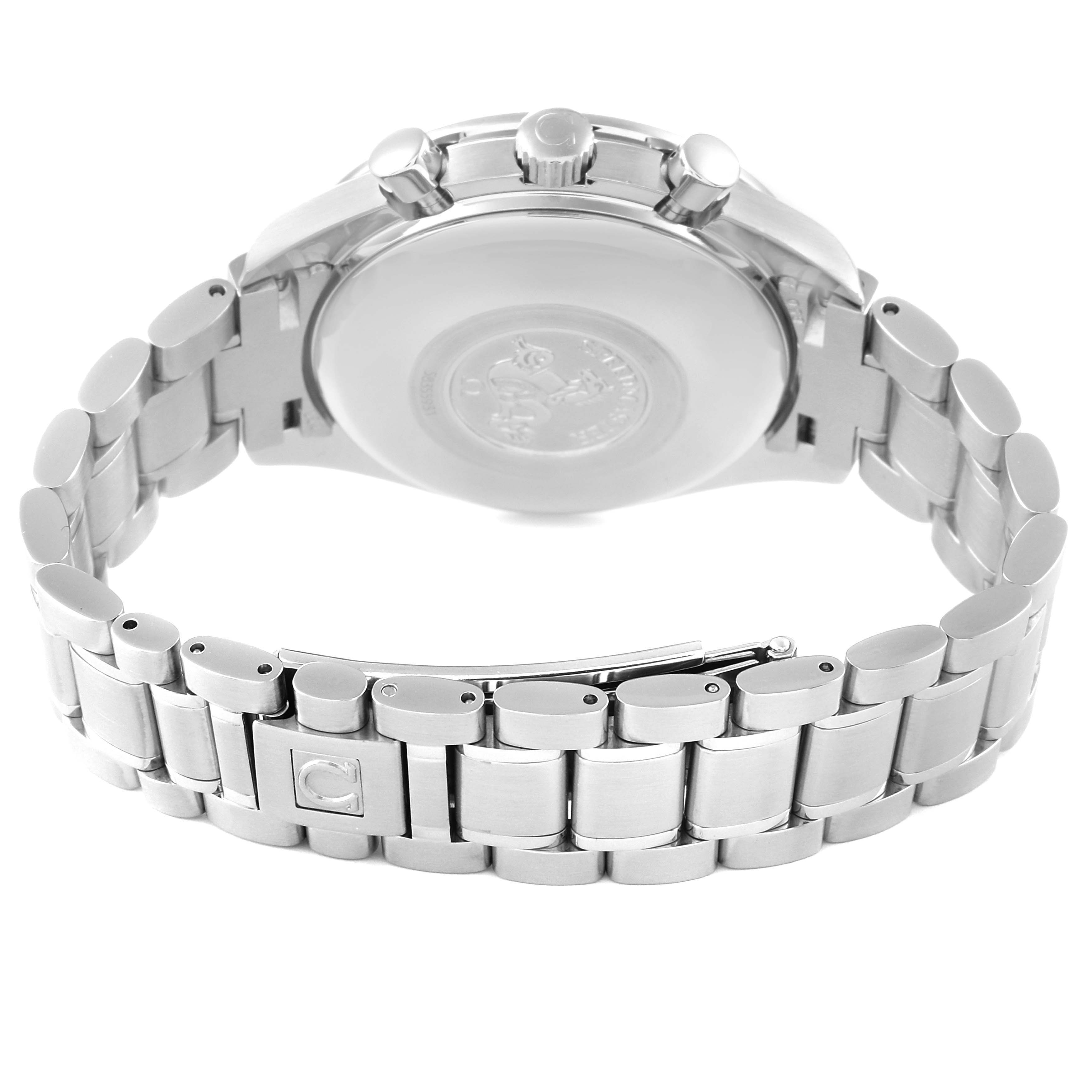 This image shows the back and bracelet of an Omega Speedmaster 3523.80.00 Men's Stainless Steel Blue Dial 3523.80.00 Men's Stainless Steel Blue Dial watch from a rear angle.