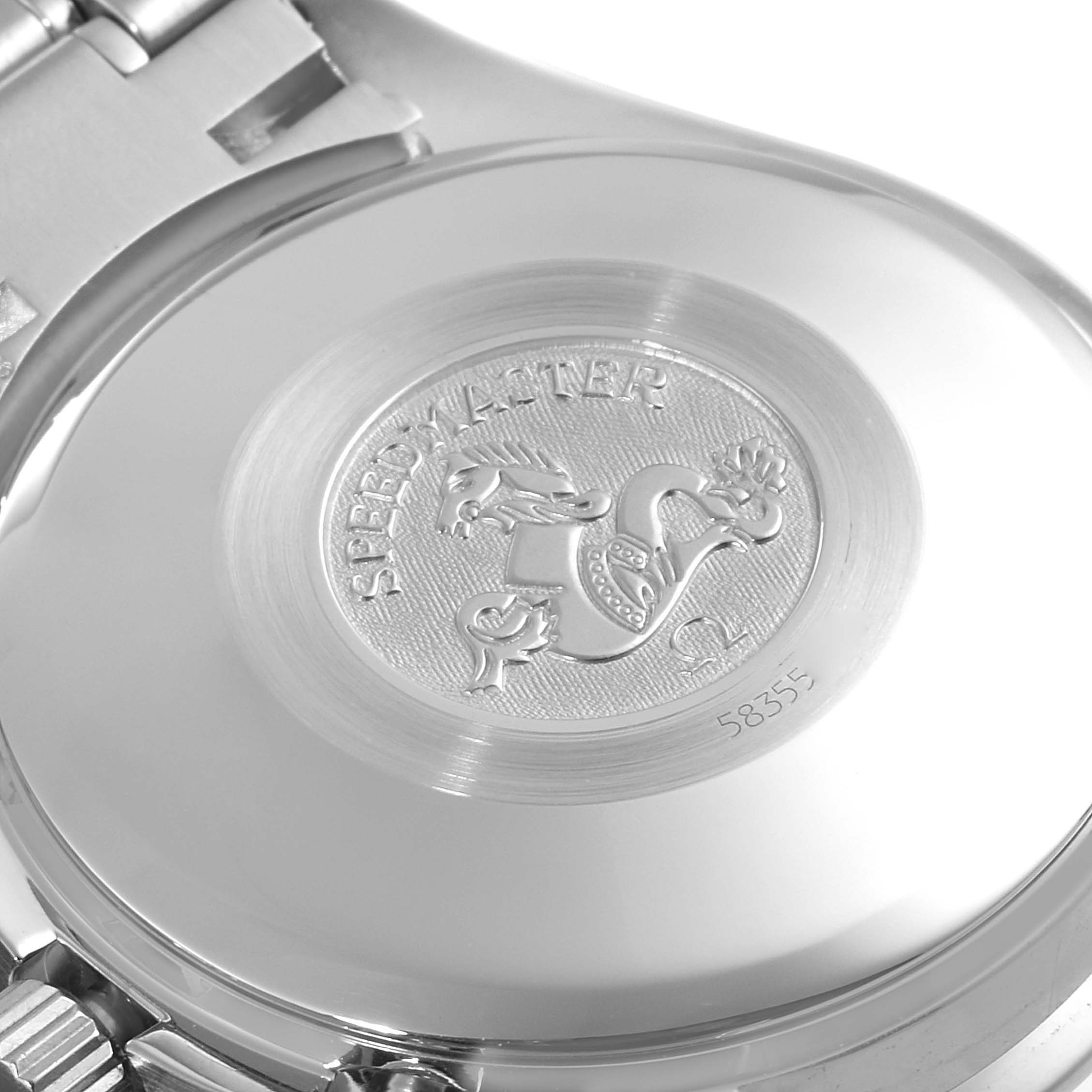 The image shows the engraved case back of an Omega Speedmaster 3523.80.00 Men's Stainless Steel Blue Dial 3523.80.00 Men's Stainless Steel Blue Dial watch, including the logo and serial number.