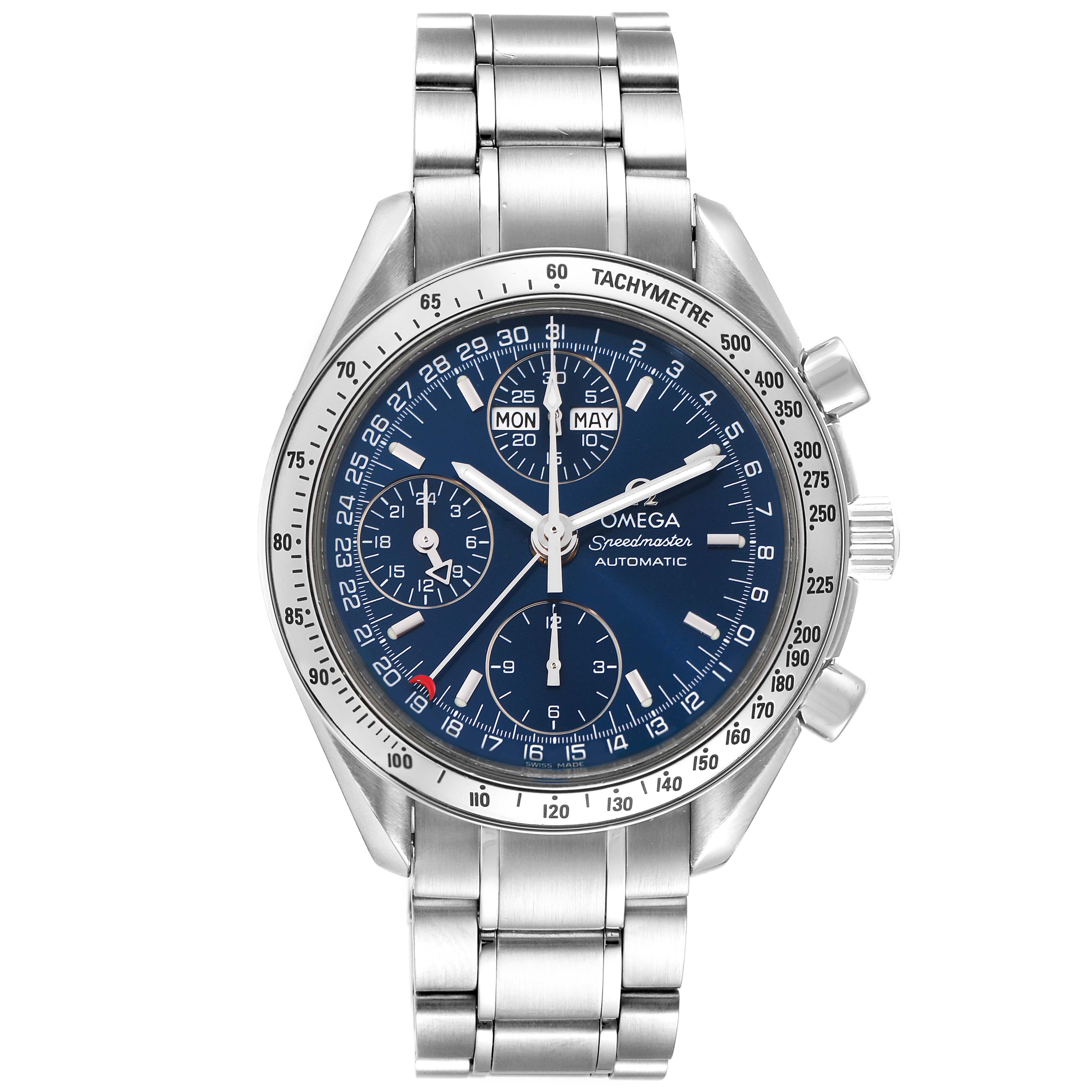This image shows a front view of an Omega Speedmaster 3523.80.00 Men's Stainless Steel Blue Dial 3523.80.00 Men's Stainless Steel Blue Dial watch, highlighting its dial, sub-dials, tachymeter bezel, and metal bracelet.