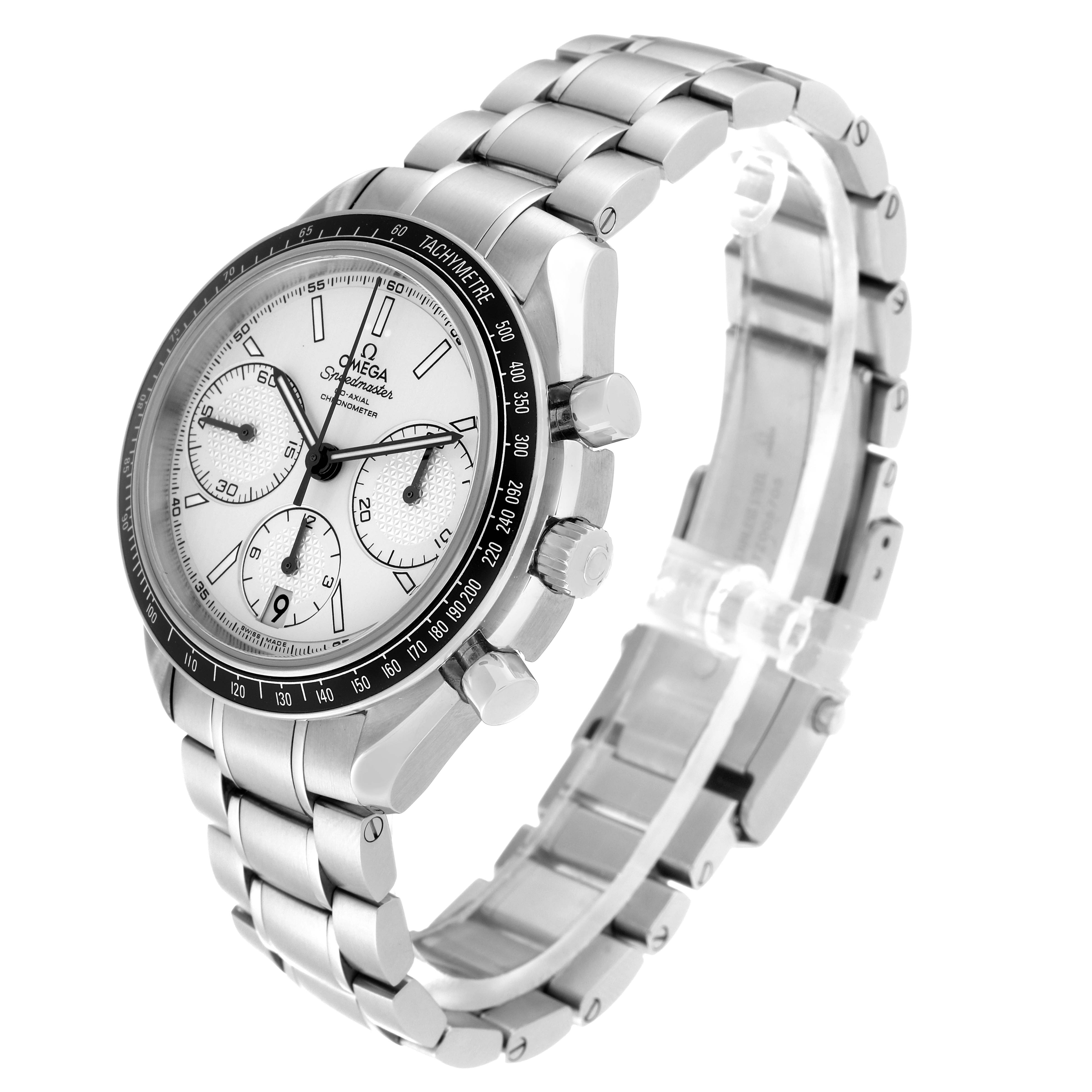 The image shows a side angle of the Omega Speedmaster 326.30.40.50.02.001 Men
s Stainless Steel Silver Dial 326.30.40.50.02.001 Men
s Stainless Steel Silver Dial watch, highlighting its dial, bezel, crown, pushers, and metal bracelet.