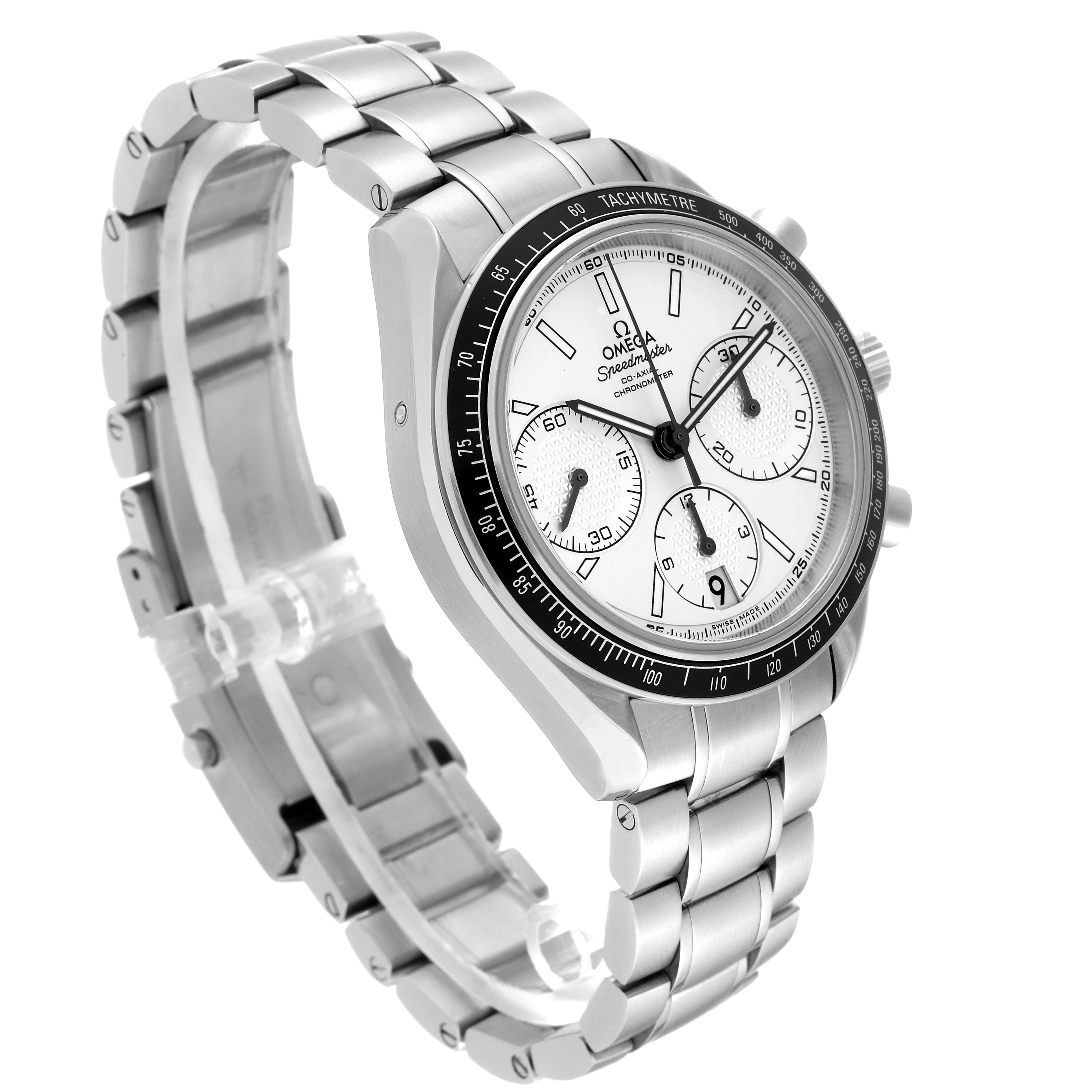 The image shows an Omega Speedmaster 326.30.40.50.02.001 Men
s Stainless Steel Silver Dial 326.30.40.50.02.001 Men
s Stainless Steel Silver Dial watch at a three-quarter angle, highlighting the face, bezel, and bracelet.