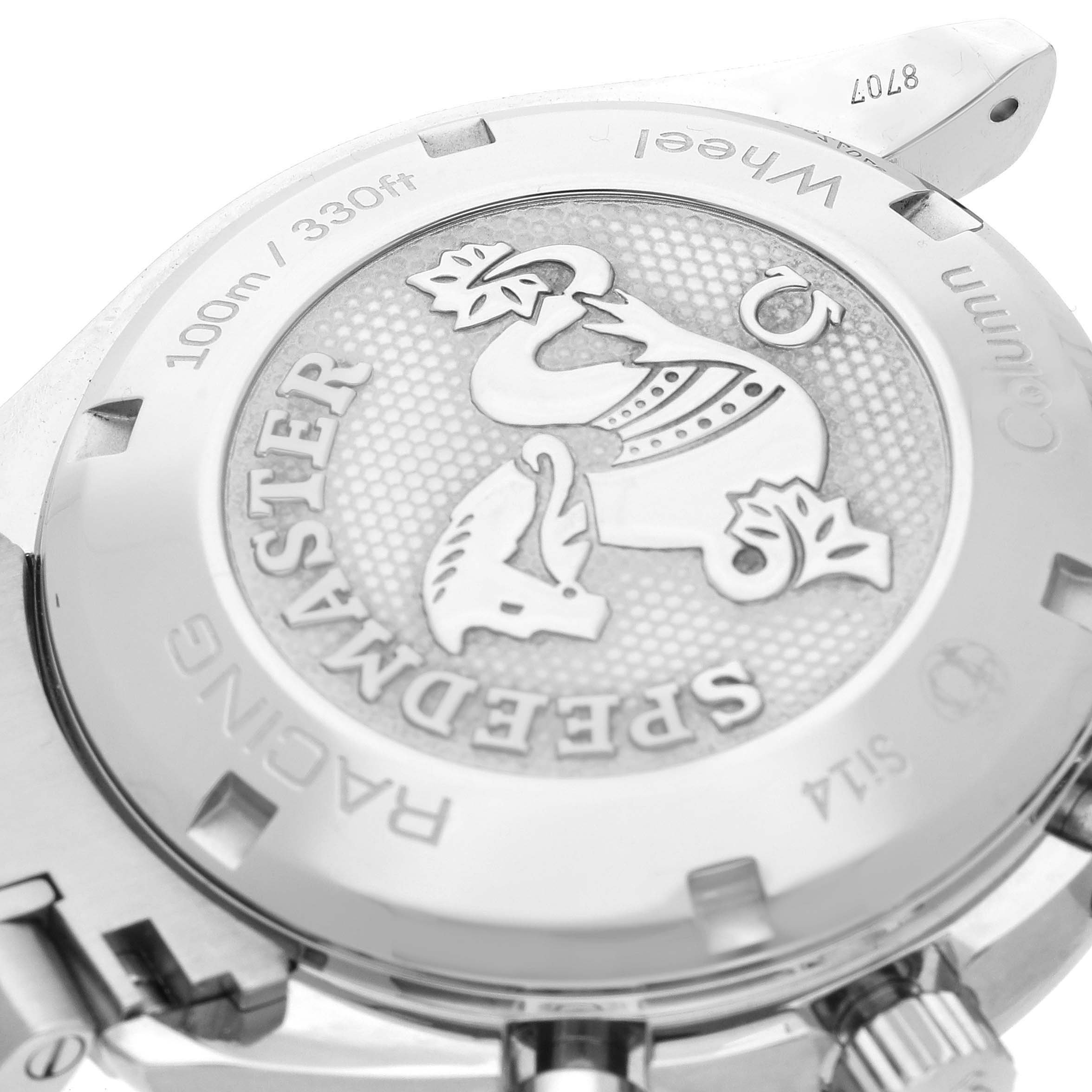 This image shows the back case of an Omega Speedmaster 326.30.40.50.02.001 Men
s Stainless Steel Silver Dial 326.30.40.50.02.001 Men
s Stainless Steel Silver Dial watch, highlighting the logo, water resistance, and other engravings.