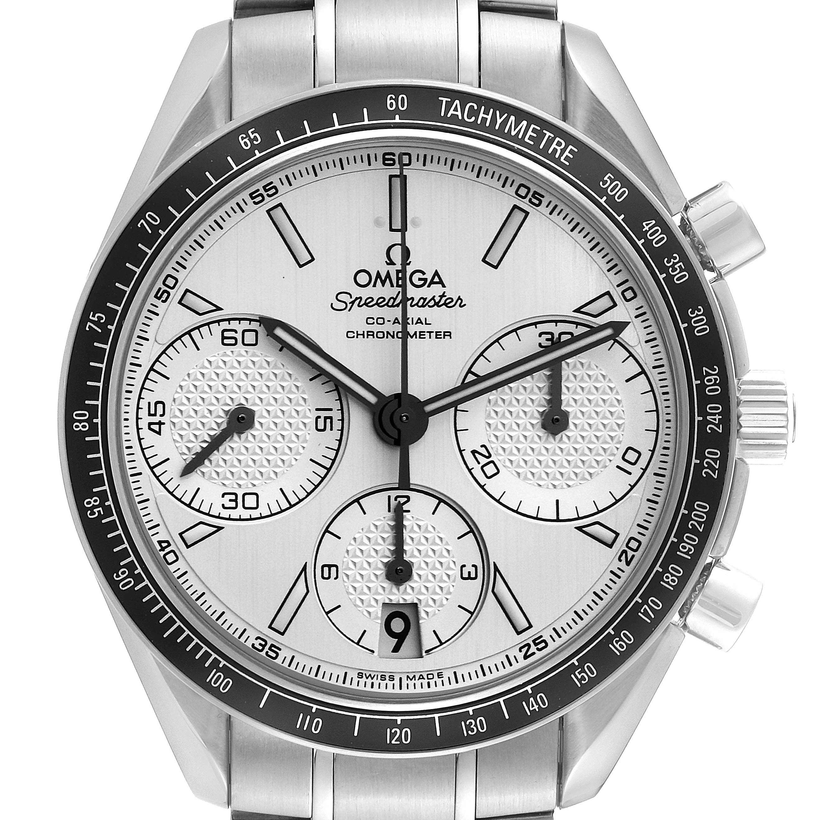 This image shows the front view of an Omega Speedmaster 326.30.40.50.02.001 Men
s Stainless Steel Silver Dial 326.30.40.50.02.001 Men
s Stainless Steel Silver Dial watch, highlighting the dial, subdials, bezel, and tachymeter scale.