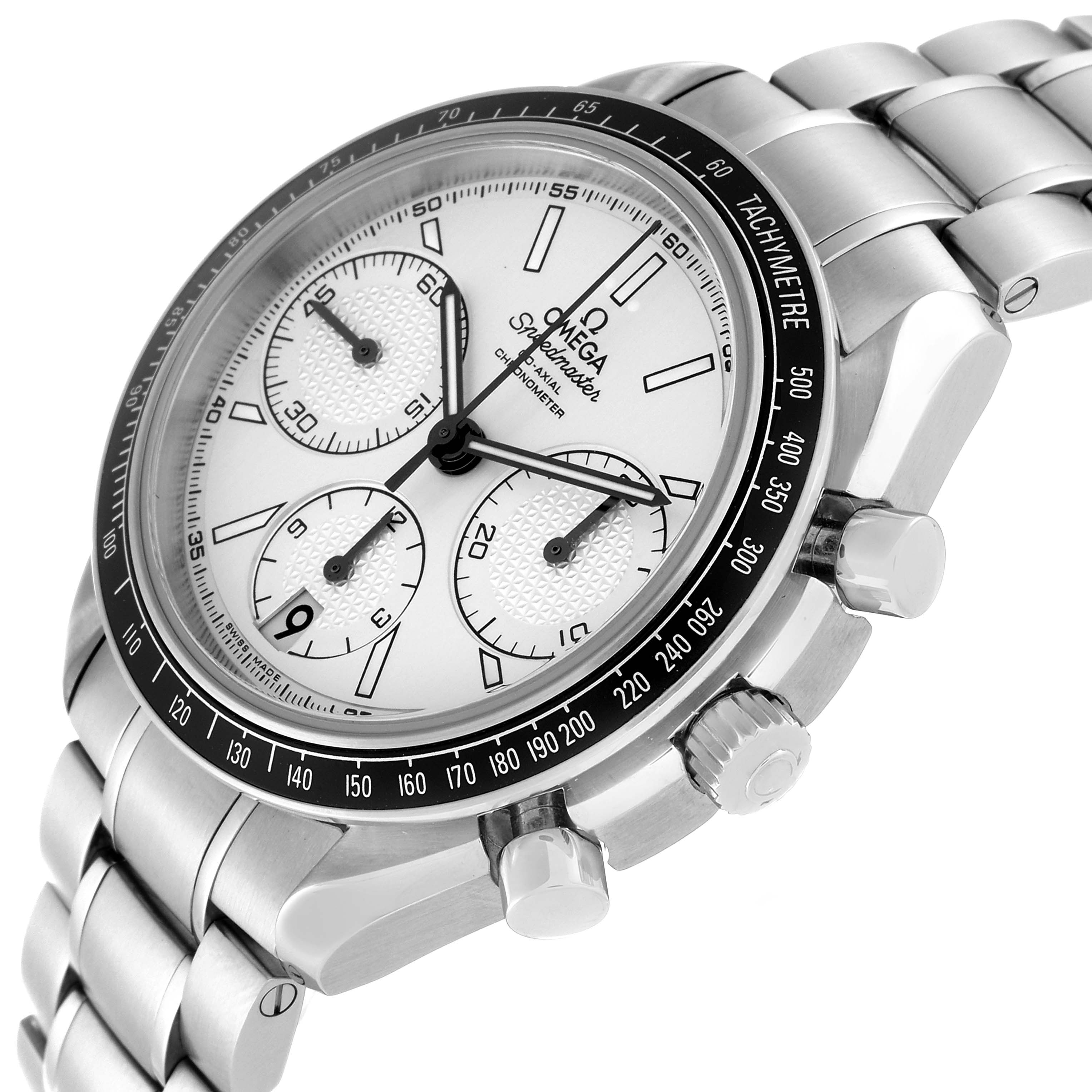 The image shows an angled view of the Omega Speedmaster 326.30.40.50.02.001 Men
s Stainless Steel Silver Dial 326.30.40.50.02.001 Men
s Stainless Steel Silver Dial watch, focusing on the dial, tachymeter bezel, and steel bracelet.